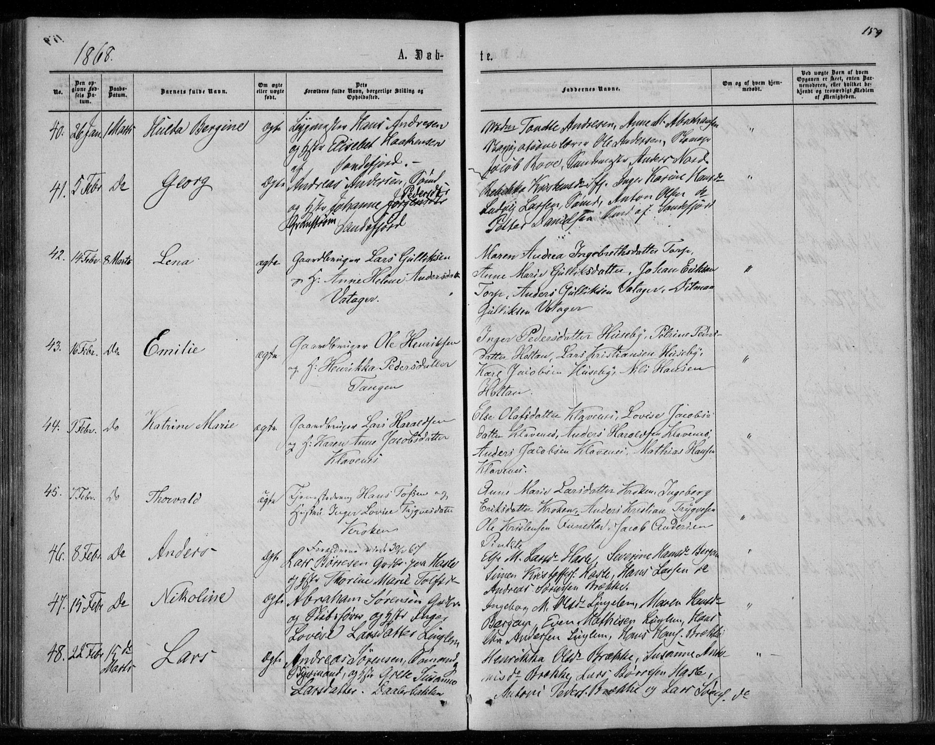 Sandar kirkebøker, AV/SAKO-A-243/F/Fa/L0008: Parish register (official) no. 8, 1862-1871, p. 159