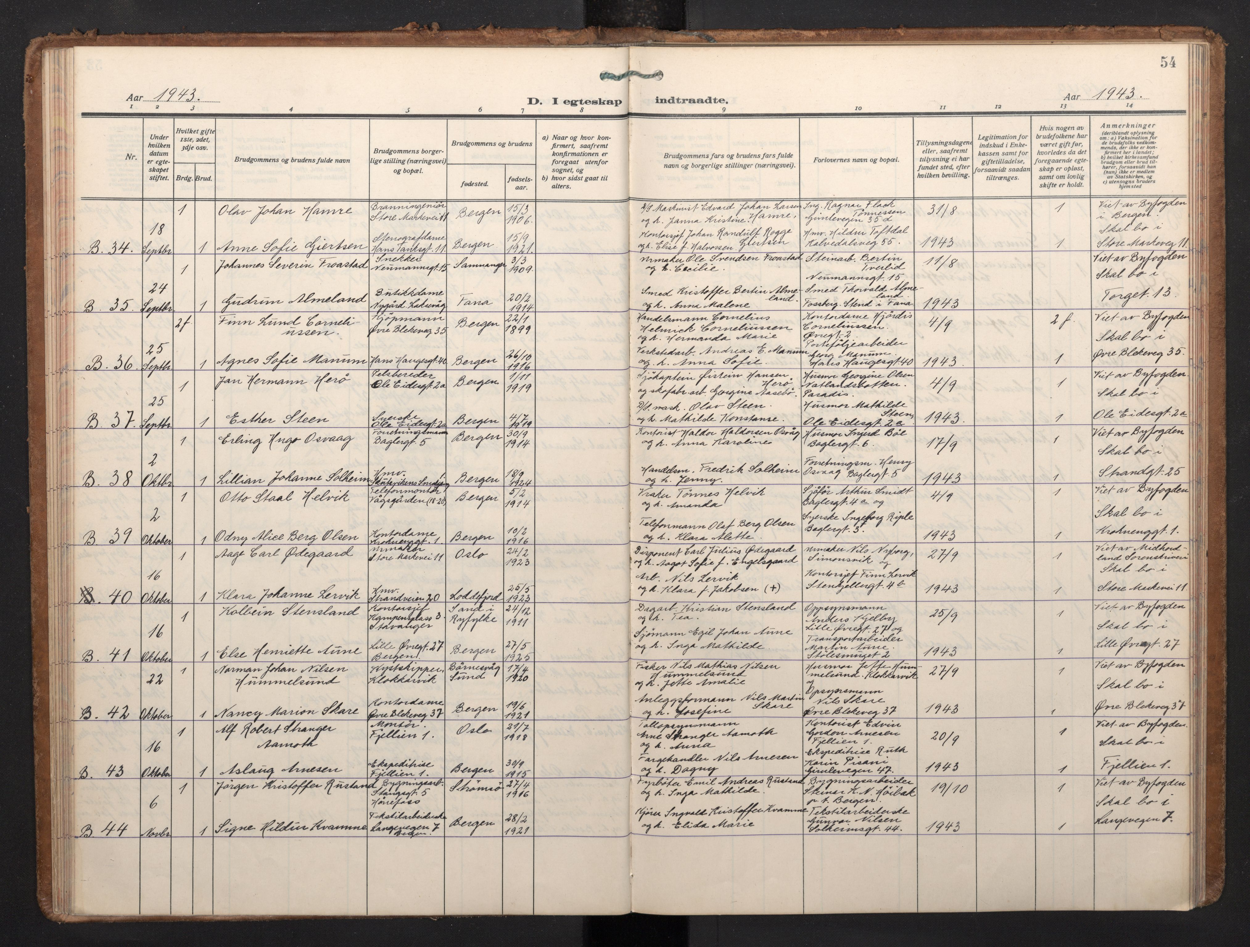 Korskirken sokneprestembete, AV/SAB-A-76101/H/Haa/L0040: Parish register (official) no. D 7, 1938-1952, p. 53b-54a