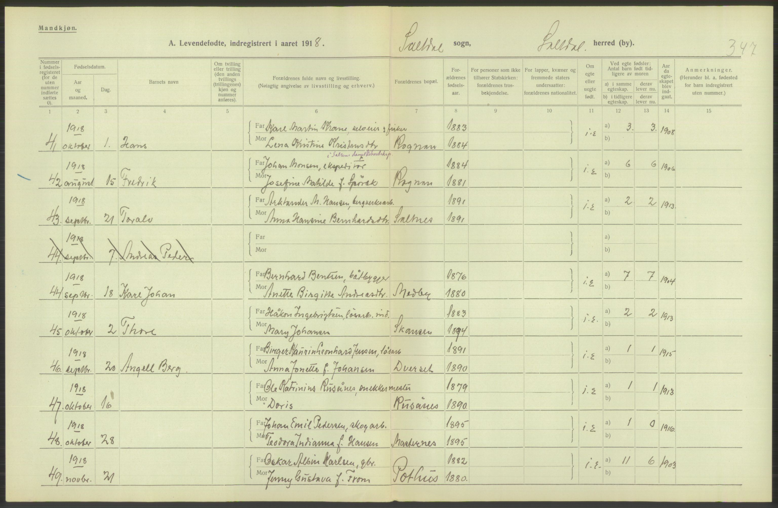 Statistisk sentralbyrå, Sosiodemografiske emner, Befolkning, AV/RA-S-2228/D/Df/Dfb/Dfbh/L0052: Nordland fylke: Levendefødte menn og kvinner. Bygder., 1918, p. 472