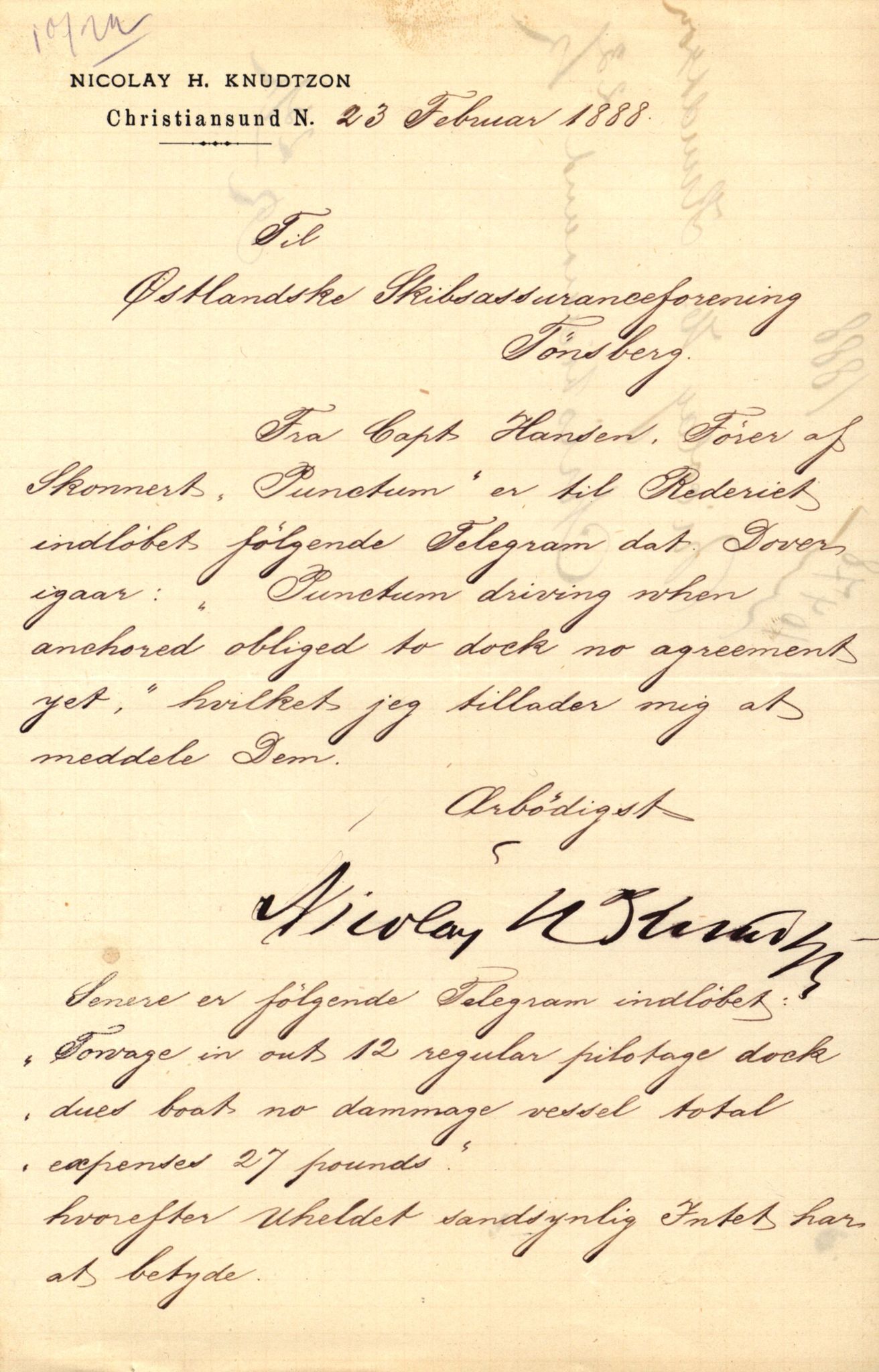 Pa 63 - Østlandske skibsassuranceforening, VEMU/A-1079/G/Ga/L0021/0011: Havaridokumenter / Punctum, Alf, Albatros, Alf av Tønsberg, 1888-1889, p. 2