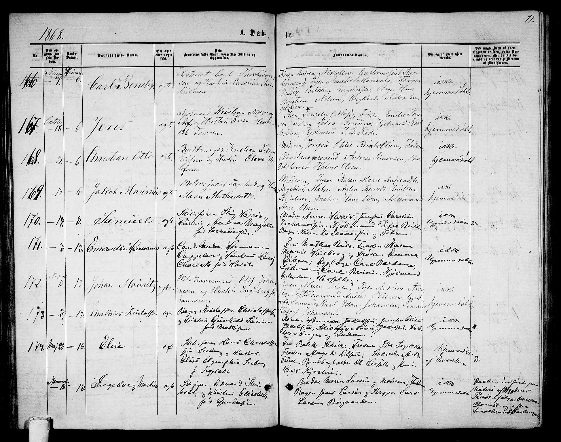 Tønsberg kirkebøker, AV/SAKO-A-330/G/Ga/L0004: Parish register (copy) no. 4, 1865-1874, p. 71