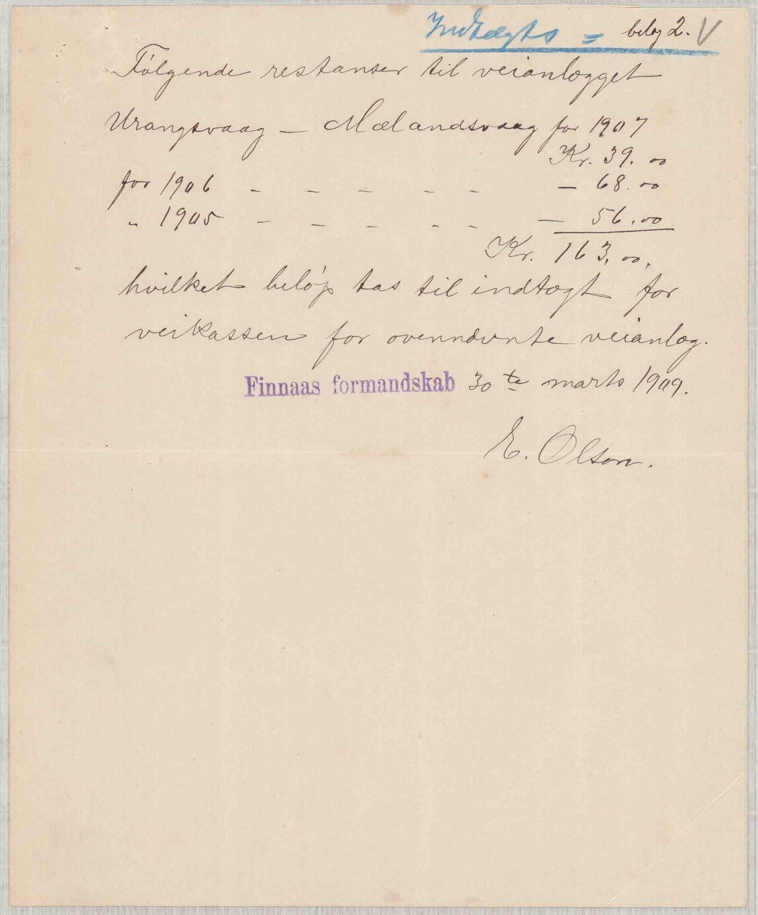 Finnaas kommune. Formannskapet, IKAH/1218a-021/E/Ea/L0002/0005: Rekneskap for veganlegg / Rekneskap for veganlegget Urangsvåg - Mælandsvåg, 1907-1909, p. 67