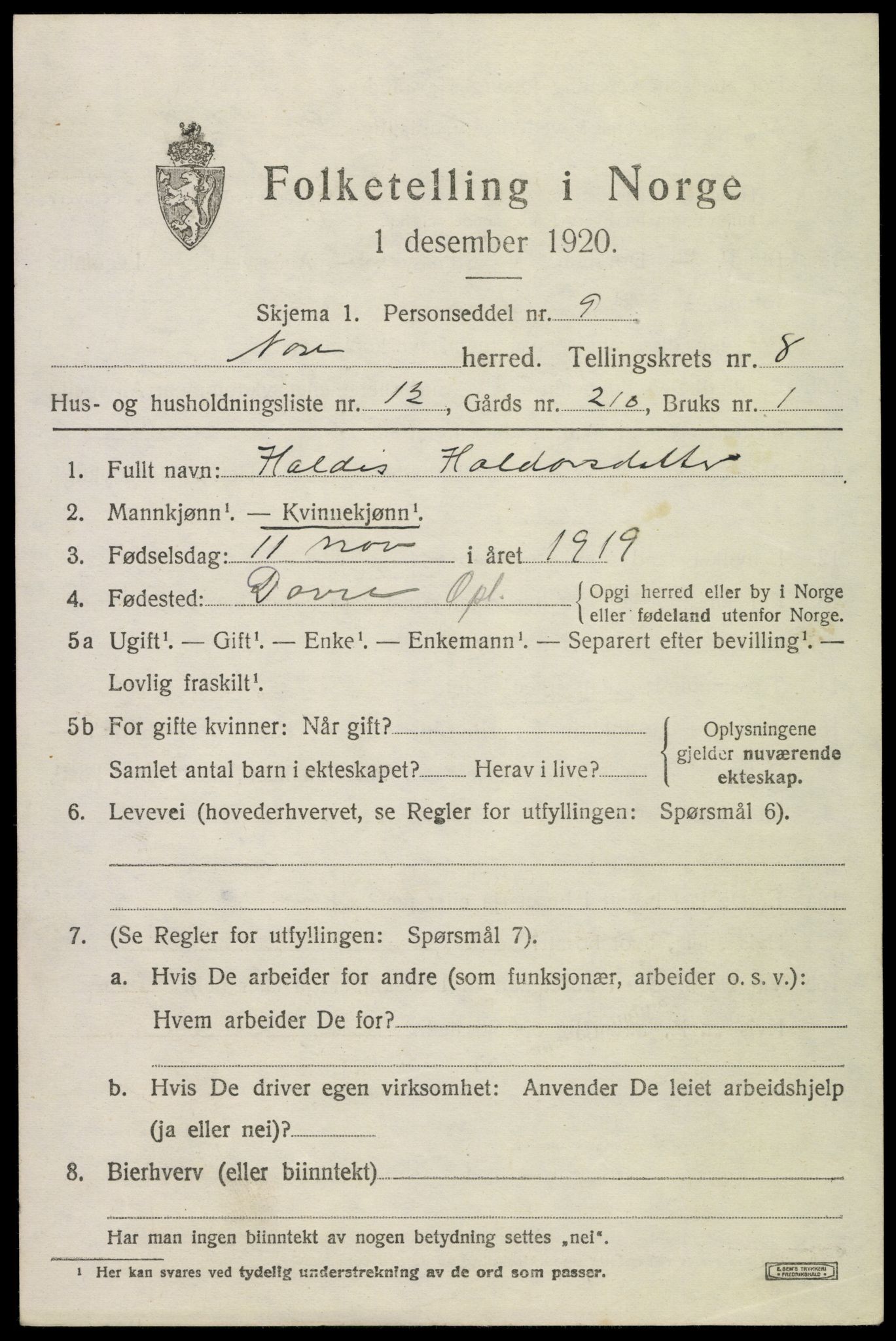 SAKO, 1920 census for Nore, 1920, p. 4178