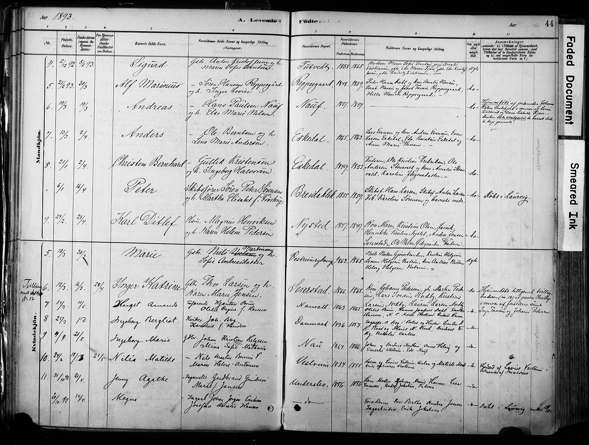 Hedrum kirkebøker, AV/SAKO-A-344/F/Fa/L0009: Parish register (official) no. I 9, 1881-1903, p. 44