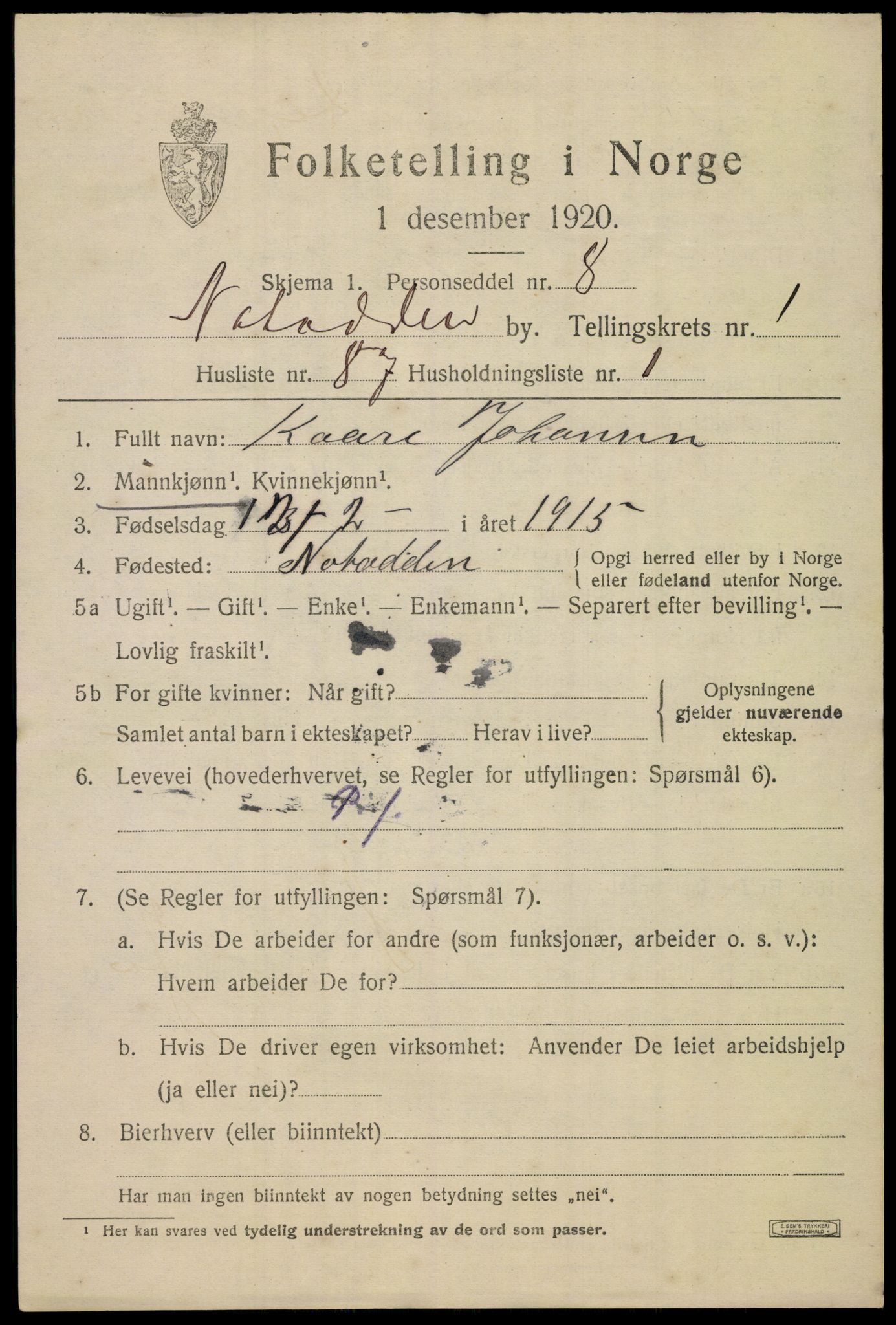 SAKO, 1920 census for Notodden, 1920, p. 6562