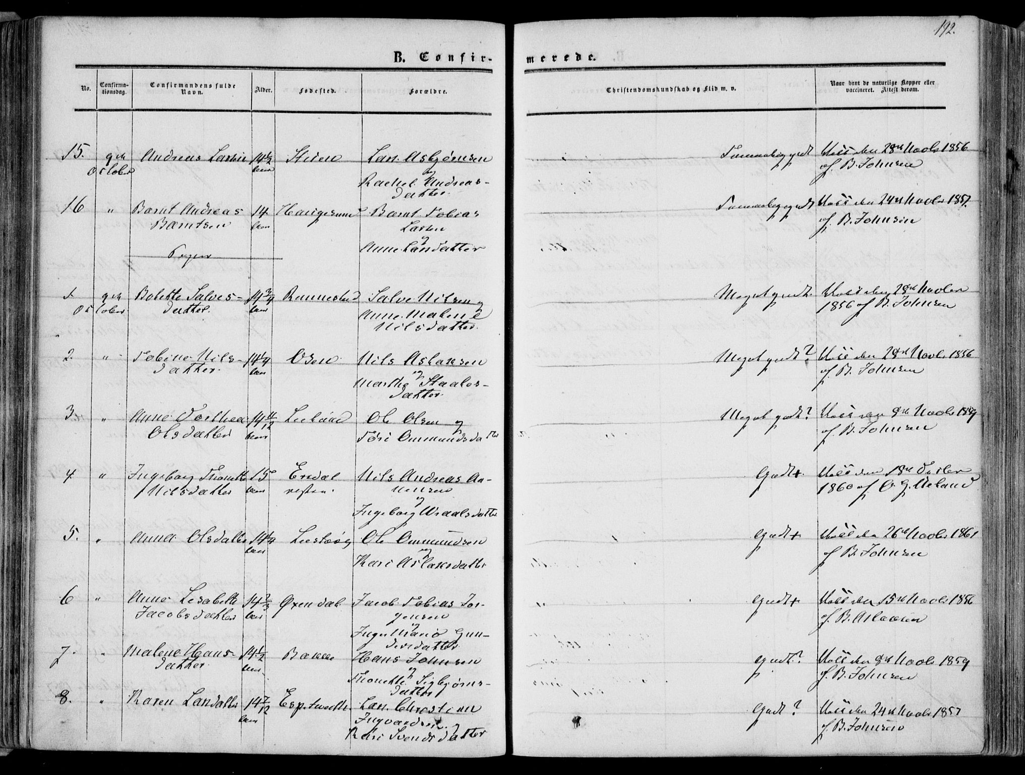 Bakke sokneprestkontor, AV/SAK-1111-0002/F/Fa/Faa/L0006: Parish register (official) no. A 6, 1855-1877, p. 192