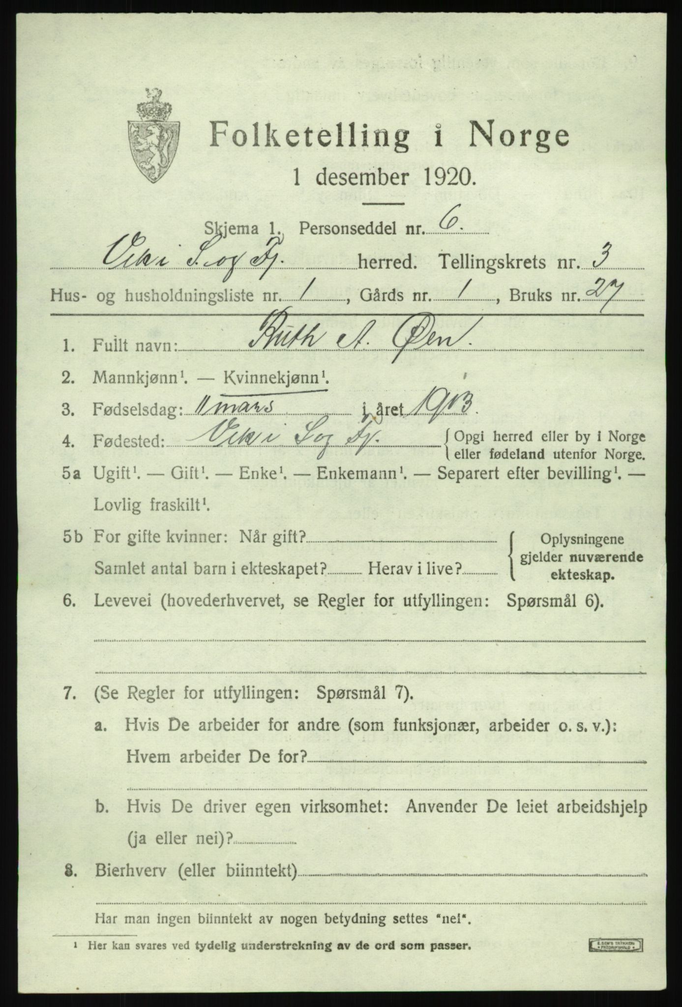 SAB, 1920 census for Vik, 1920, p. 2633