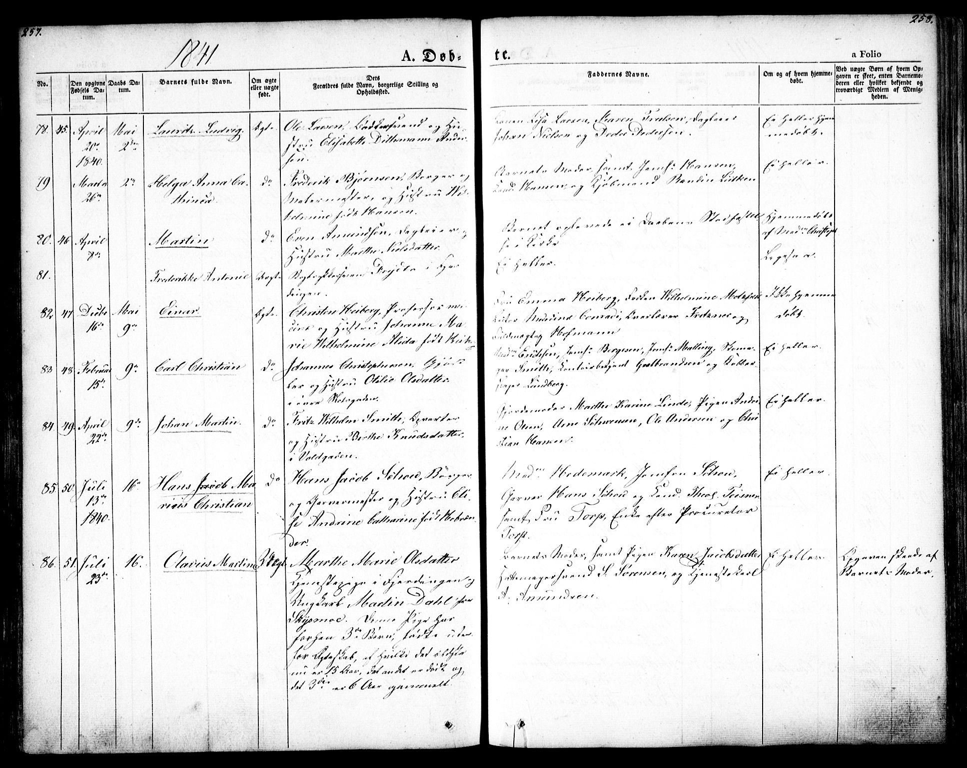 Oslo domkirke Kirkebøker, SAO/A-10752/F/Fa/L0012: Parish register (official) no. 12, 1837-1845, p. 257-258