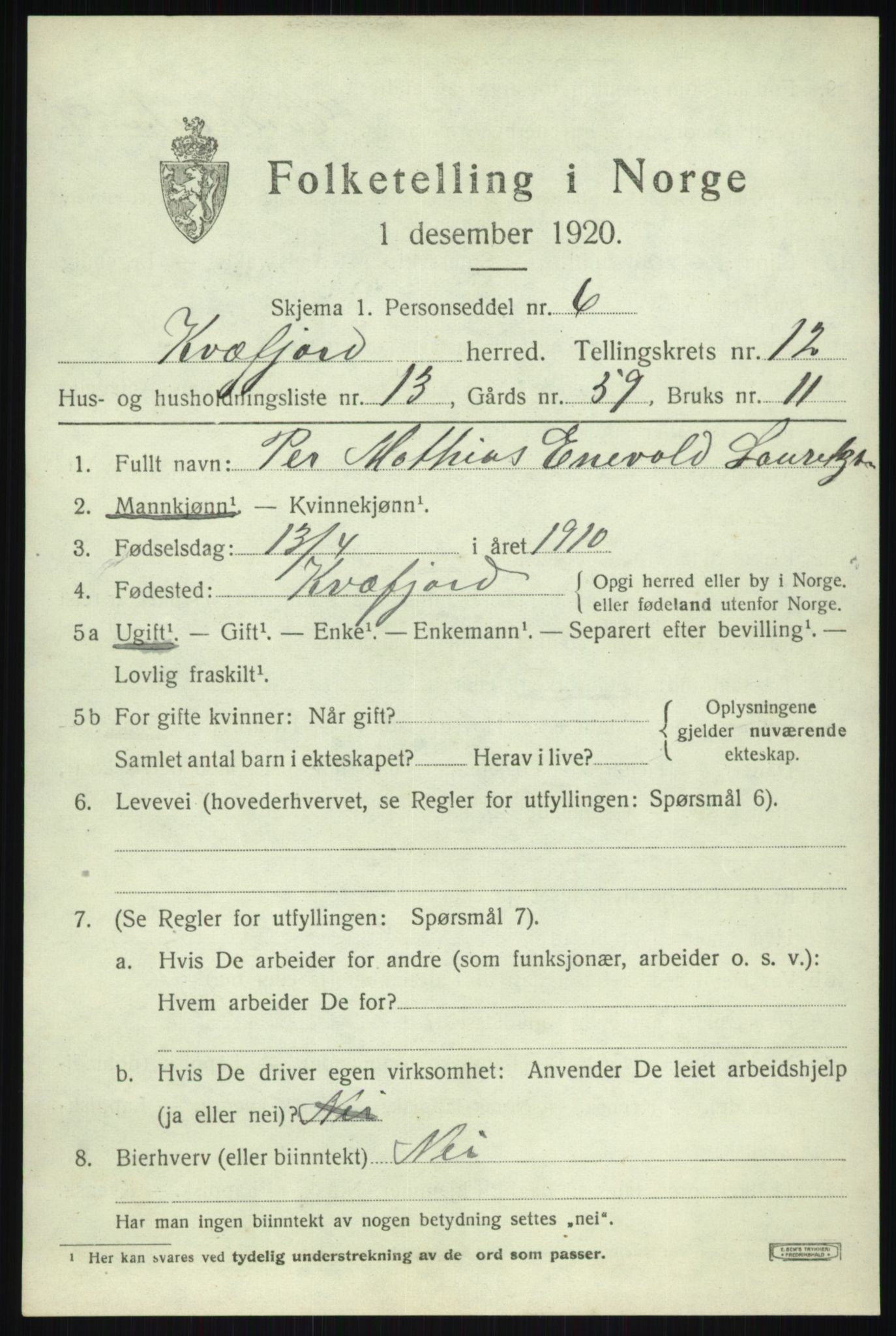 SATØ, 1920 census for Kvæfjord, 1920, p. 5845