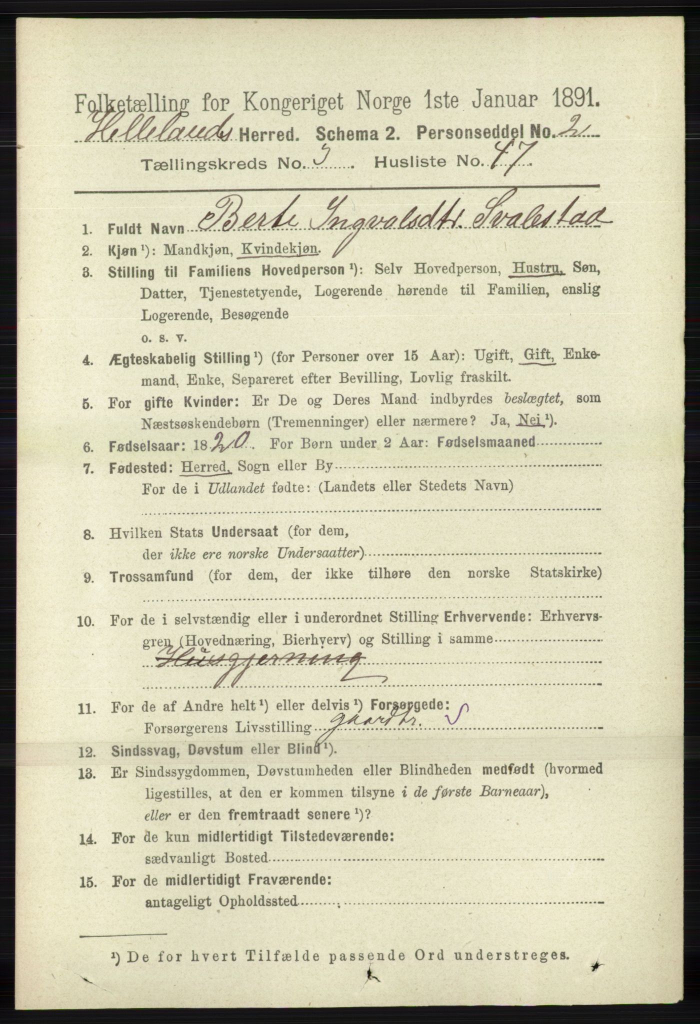 RA, 1891 census for 1115 Helleland, 1891, p. 1106