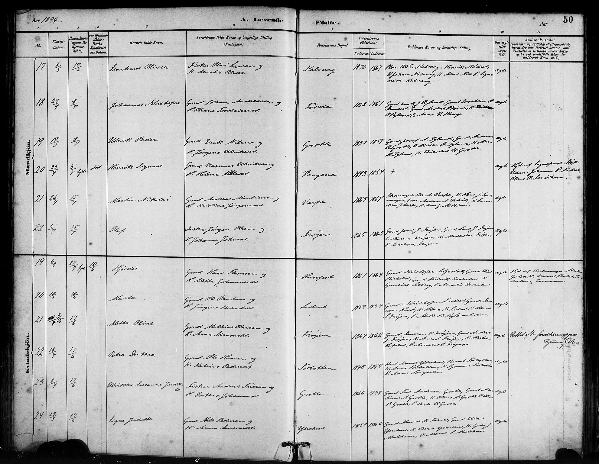 Bremanger sokneprestembete, AV/SAB-A-82201/H/Haa/Haab/L0001: Parish register (official) no. B 1, 1884-1895, p. 50