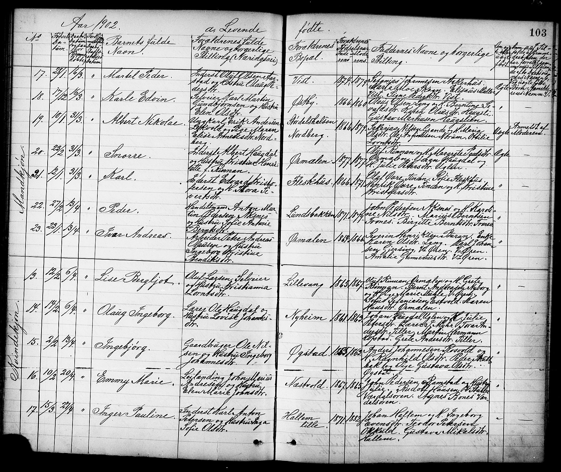 Ministerialprotokoller, klokkerbøker og fødselsregistre - Nord-Trøndelag, AV/SAT-A-1458/723/L0257: Parish register (copy) no. 723C05, 1890-1907, p. 103