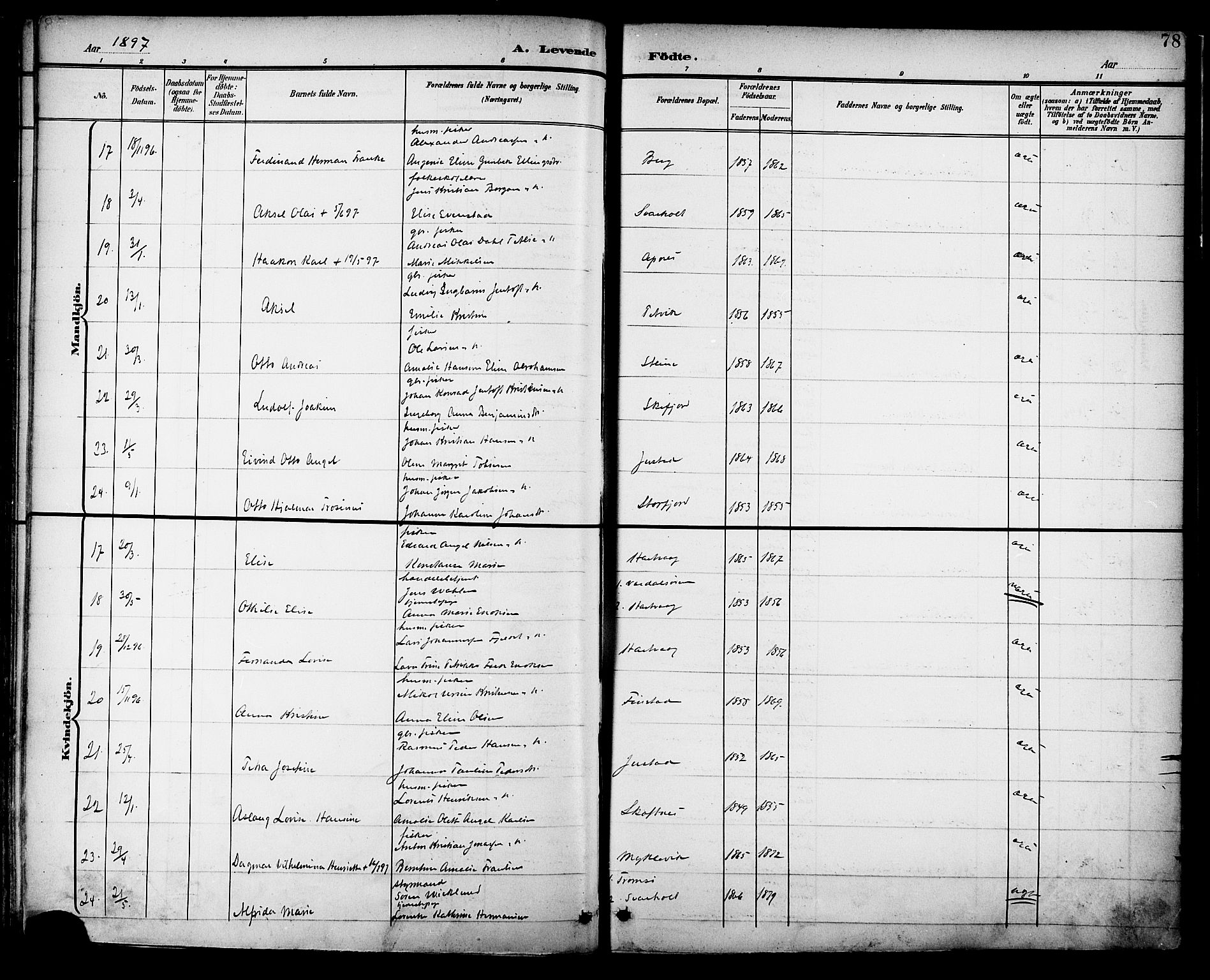 Ministerialprotokoller, klokkerbøker og fødselsregistre - Nordland, AV/SAT-A-1459/882/L1179: Parish register (official) no. 882A01, 1886-1898, p. 78