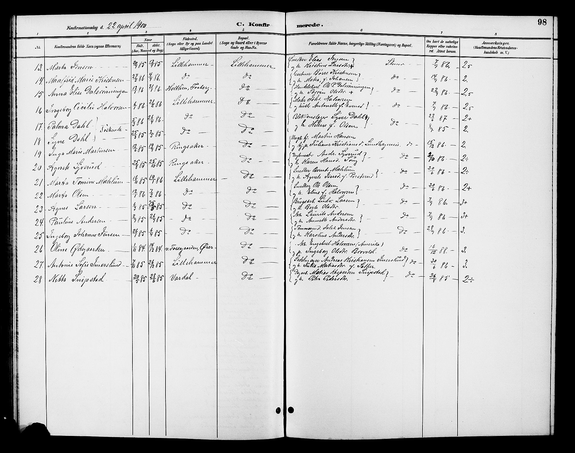 Fåberg prestekontor, AV/SAH-PREST-086/H/Ha/Hab/L0008: Parish register (copy) no. 8, 1891-1900, p. 98