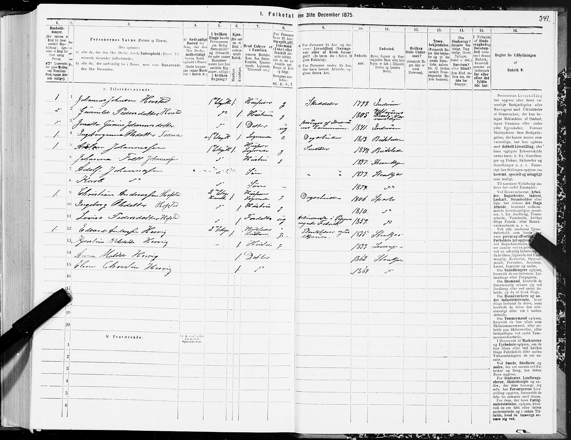 SAT, 1875 census for 1702B Steinkjer/Steinkjer, 1875, p. 341