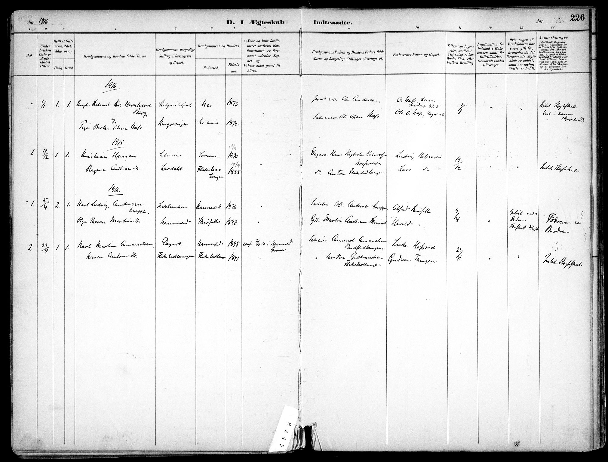 Nes prestekontor Kirkebøker, SAO/A-10410/F/Fc/L0002: Parish register (official) no. IIi 2, 1882-1916, p. 226