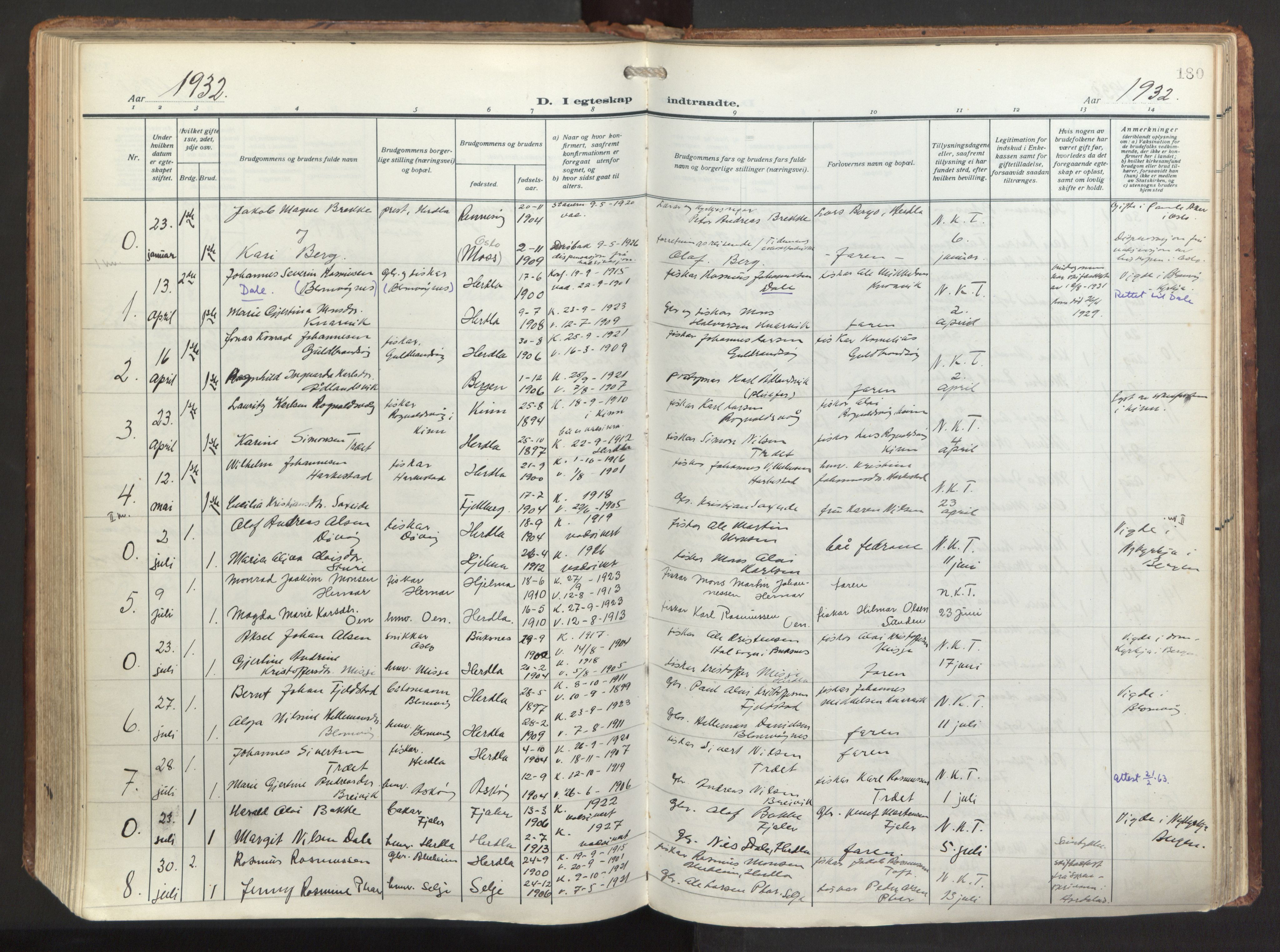 Herdla Sokneprestembete, SAB/A-75701/H/Haa: Parish register (official) no. A 6, 1918-1933, p. 180
