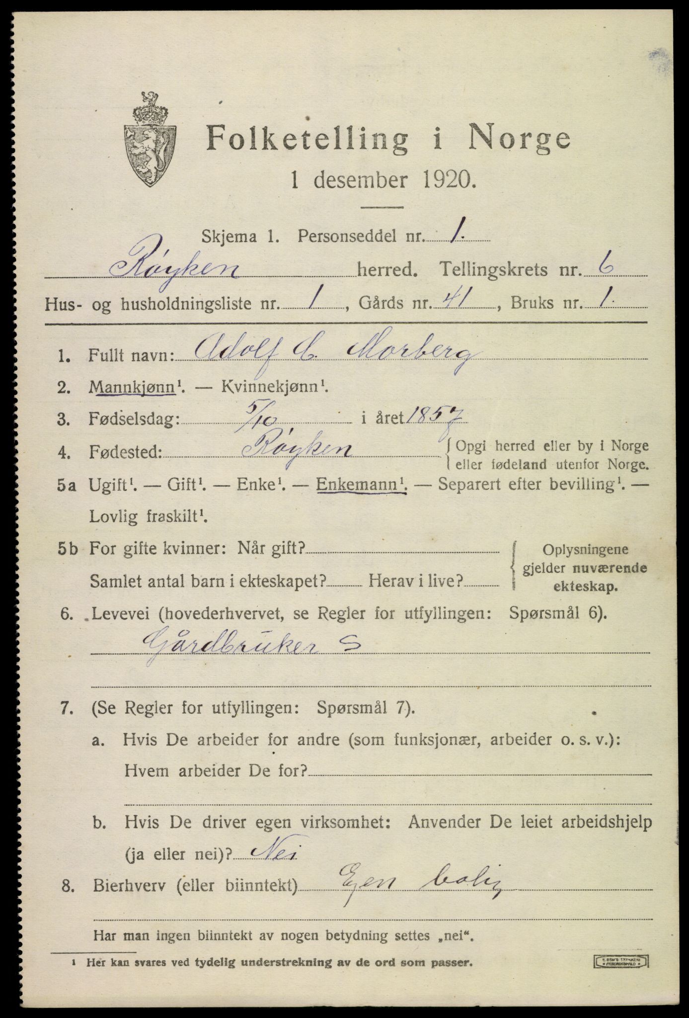 SAKO, 1920 census for Røyken, 1920, p. 9716