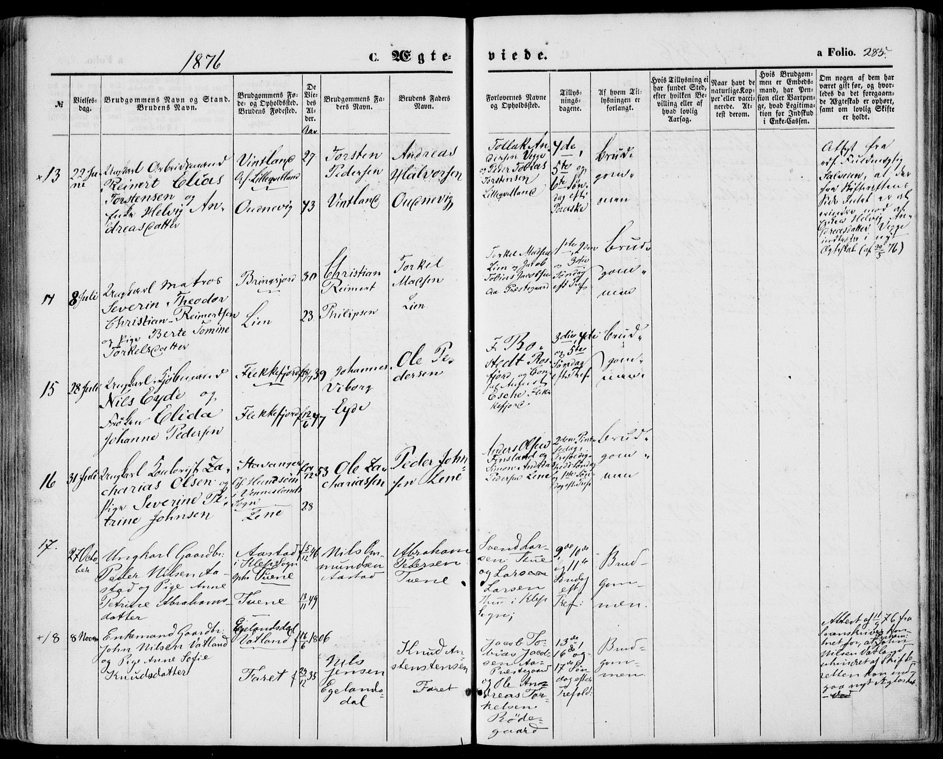 Lyngdal sokneprestkontor, SAK/1111-0029/F/Fa/Fac/L0010: Parish register (official) no. A 10, 1865-1878, p. 285