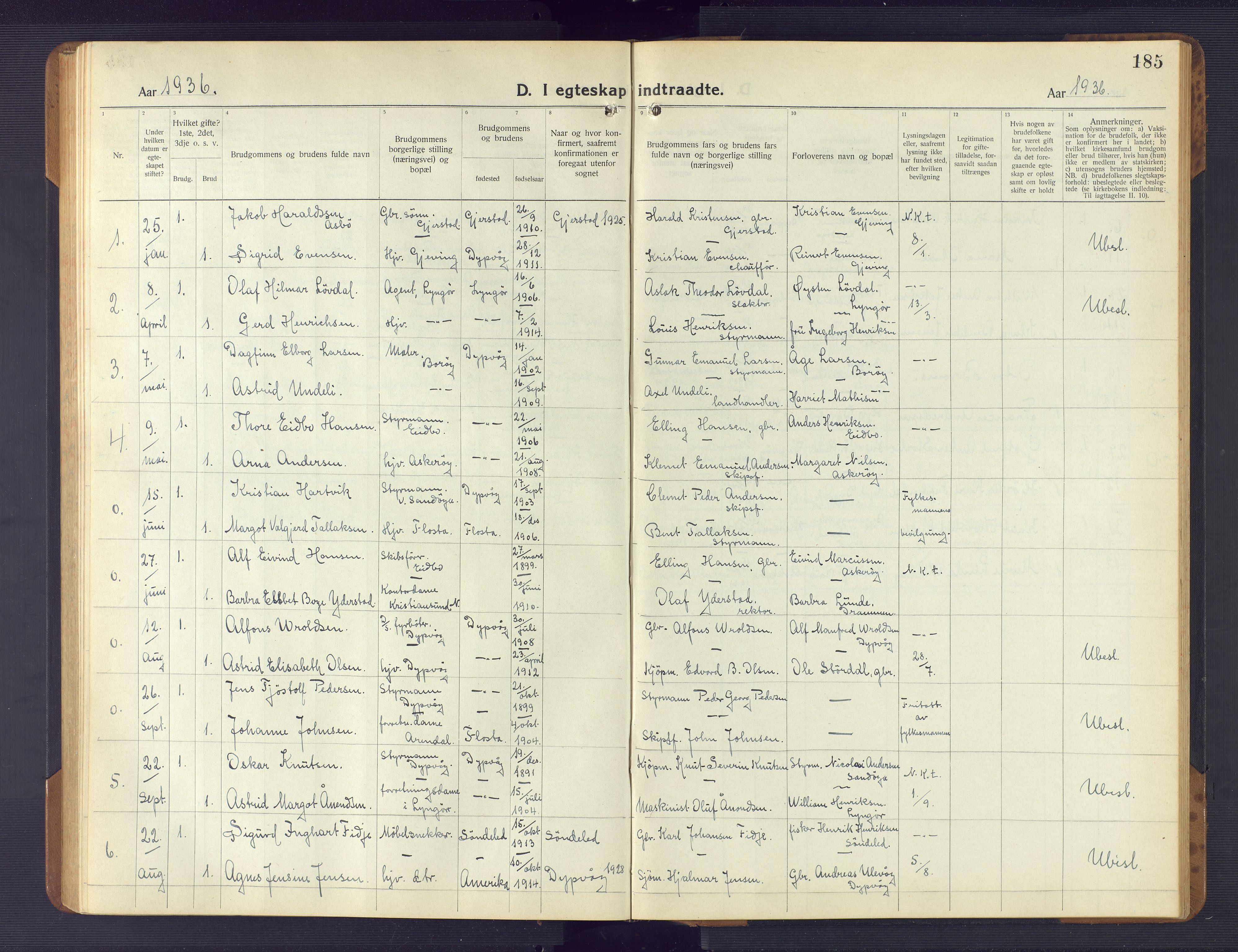 Dypvåg sokneprestkontor, AV/SAK-1111-0007/F/Fb/Fba/L0015: Parish register (copy) no. B 15, 1922-1949, p. 185