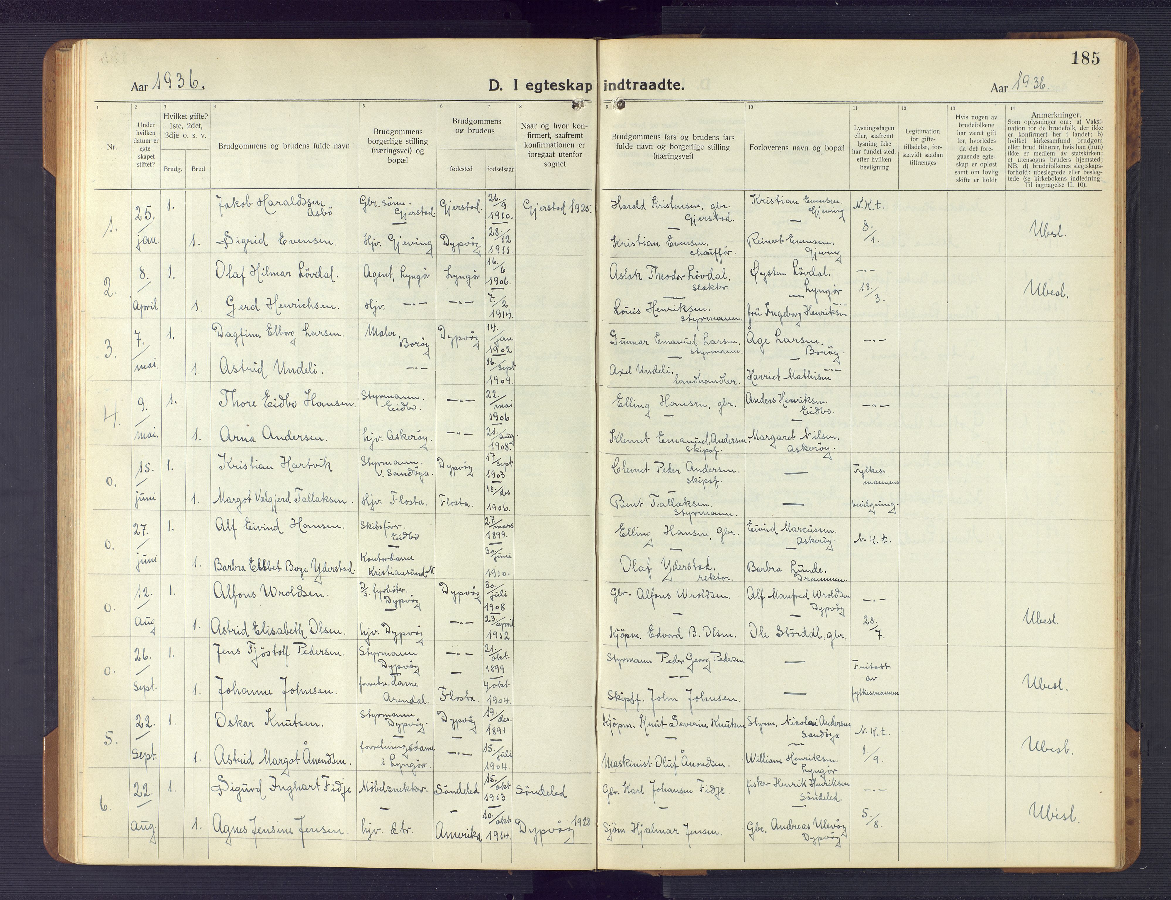 Dypvåg sokneprestkontor, SAK/1111-0007/F/Fb/Fba/L0015: Parish register (copy) no. B 15, 1922-1949, p. 185