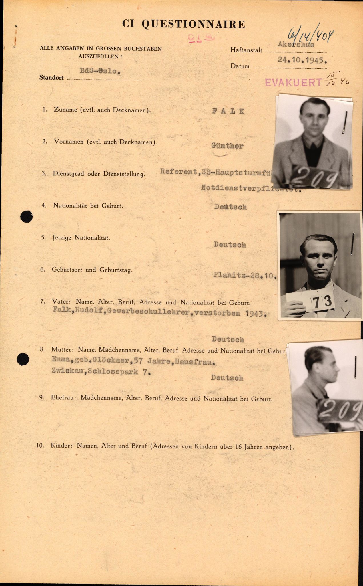 Forsvaret, Forsvarets overkommando II, RA/RAFA-3915/D/Db/L0007: CI Questionaires. Tyske okkupasjonsstyrker i Norge. Tyskere., 1945-1946, p. 407