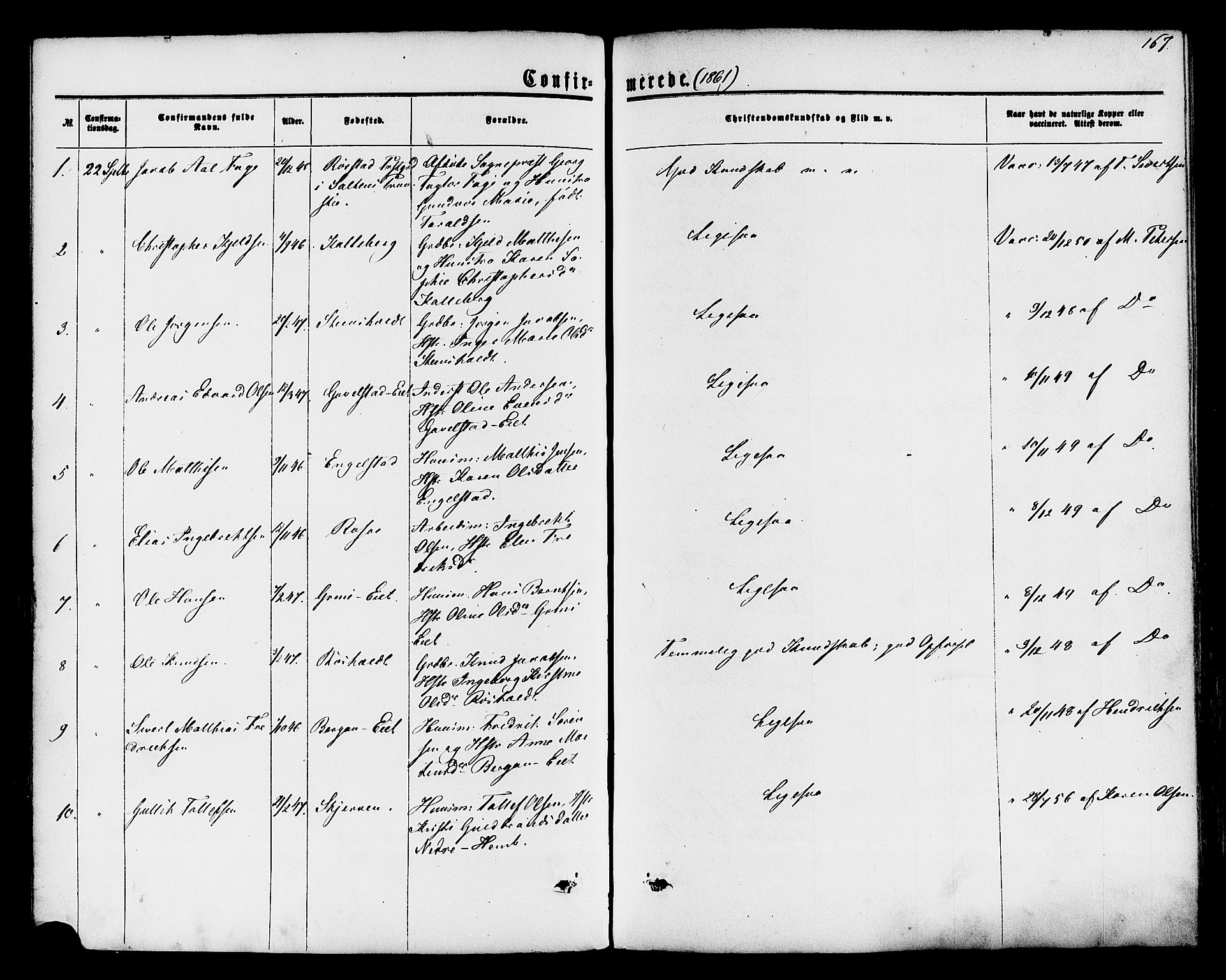 Lardal kirkebøker, AV/SAKO-A-350/F/Fa/L0007: Parish register (official) no. I 7, 1861-1880, p. 167