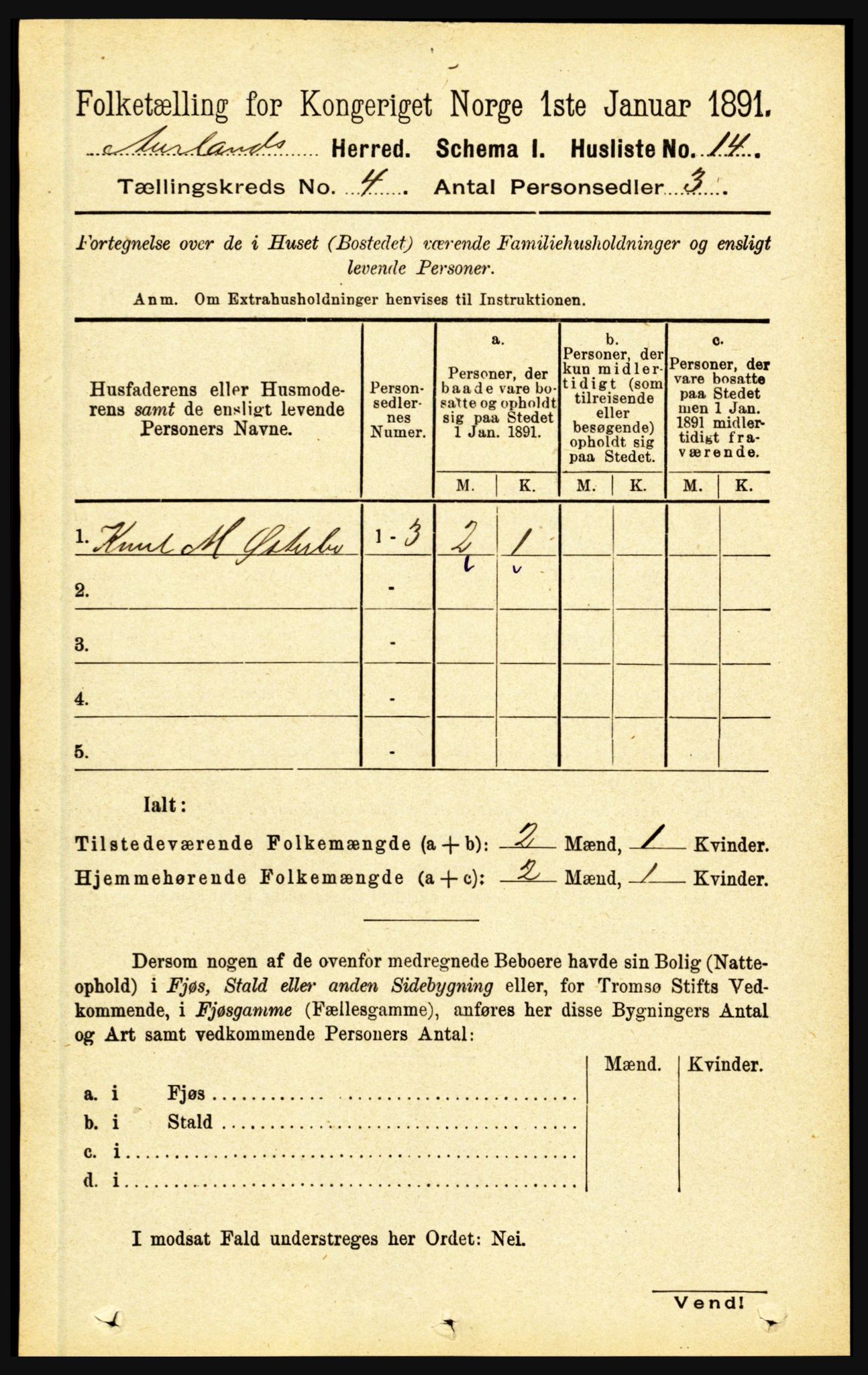 RA, 1891 census for 1421 Aurland, 1891, p. 1298