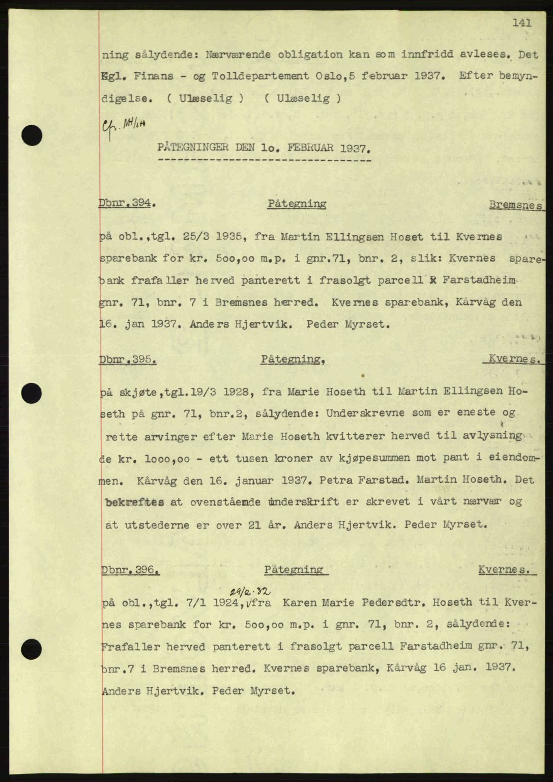 Nordmøre sorenskriveri, AV/SAT-A-4132/1/2/2Ca: Mortgage book no. C80, 1936-1939, Diary no: : 394/1937