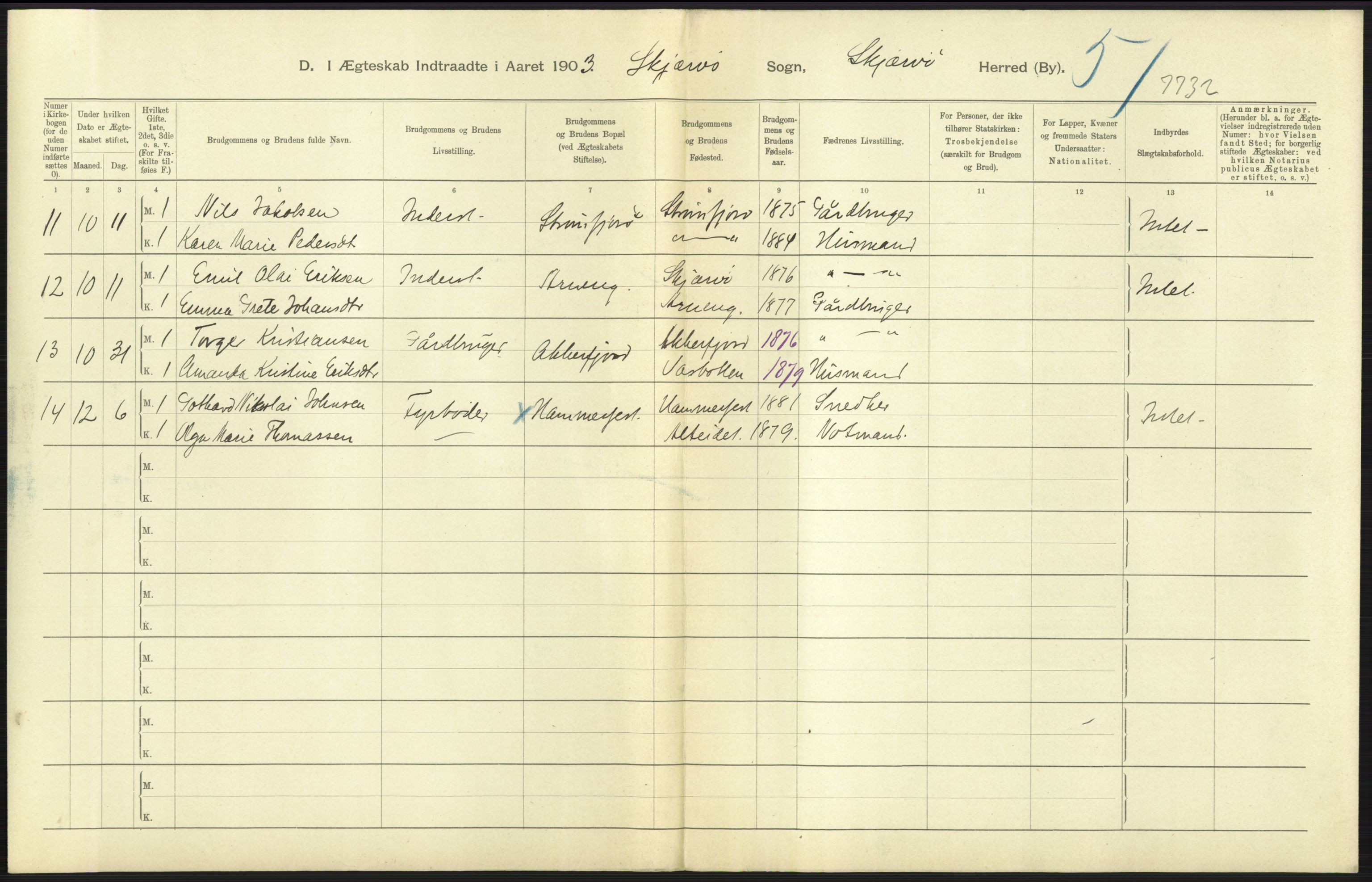 Statistisk sentralbyrå, Sosiodemografiske emner, Befolkning, AV/RA-S-2228/D/Df/Dfa/Dfaa/L0021: Tromsø amt: Fødte, gifte, døde., 1903, p. 303