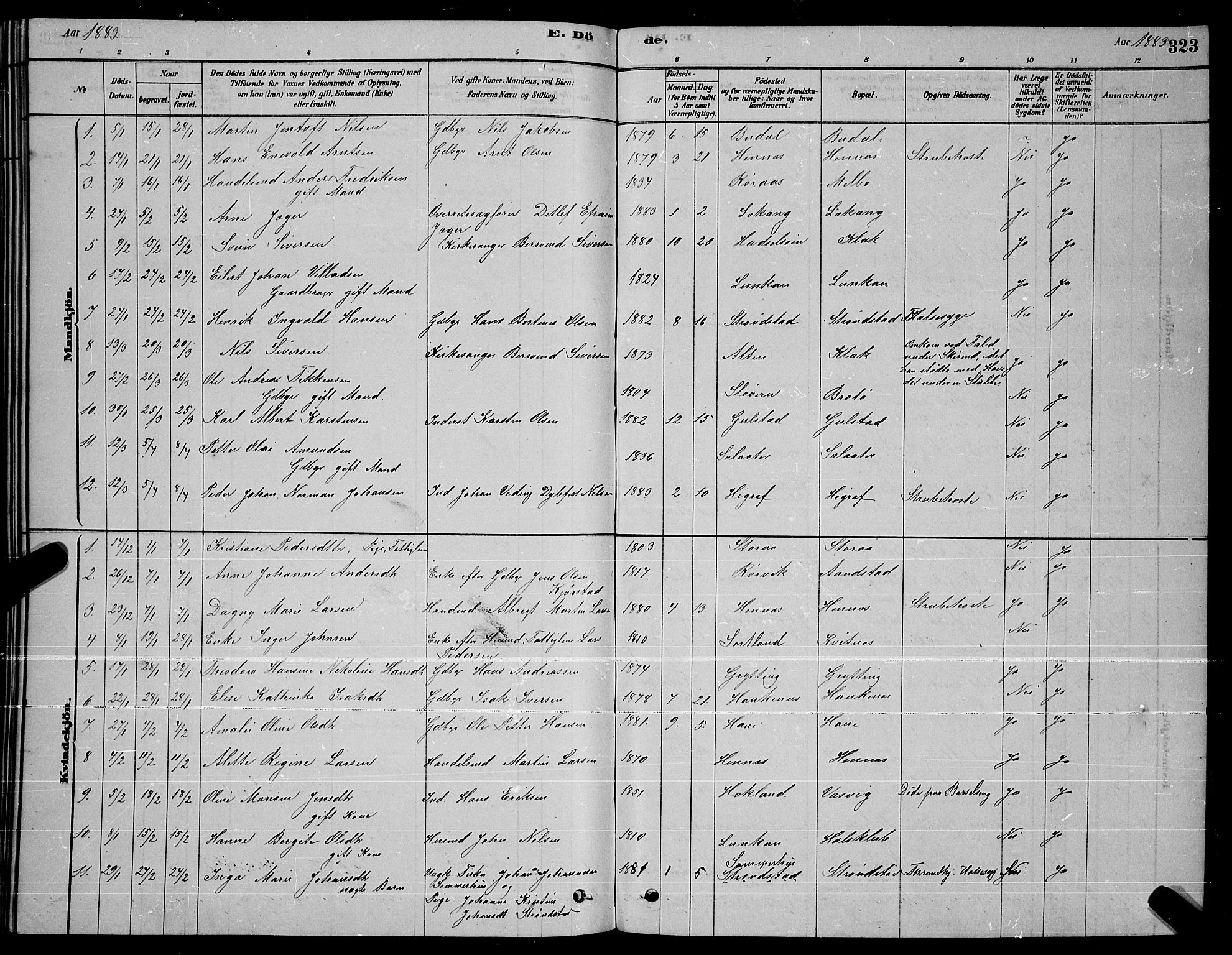 Ministerialprotokoller, klokkerbøker og fødselsregistre - Nordland, SAT/A-1459/888/L1267: Parish register (copy) no. 888C05, 1878-1890, p. 323