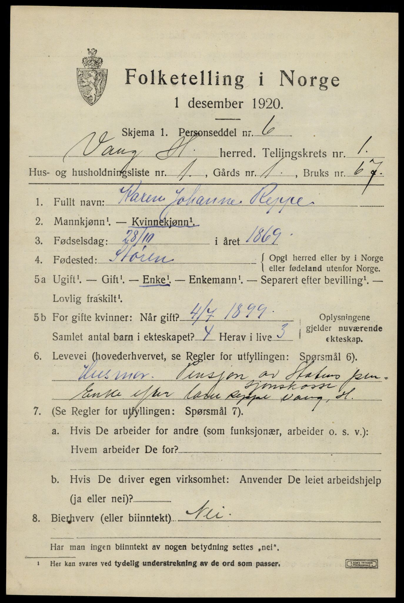 SAH, 1920 census for Vang (Hedmark), 1920, p. 2793