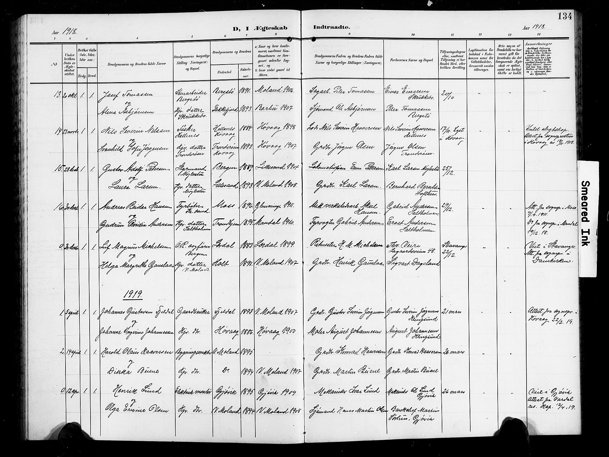 Vestre Moland sokneprestkontor, SAK/1111-0046/F/Fb/Fbb/L0007: Parish register (copy) no. B 7, 1906-1929, p. 134