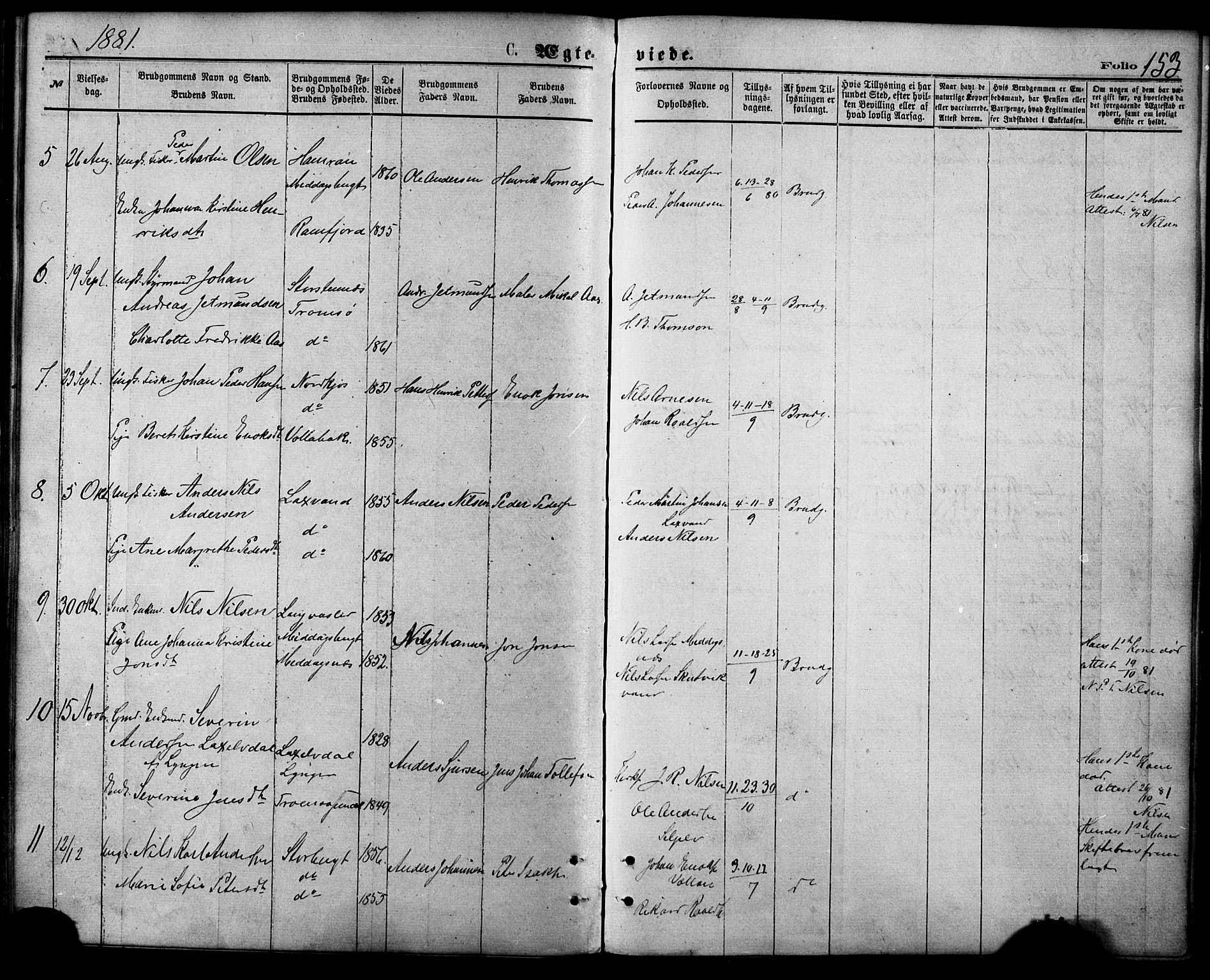 Balsfjord sokneprestembete, SATØ/S-1303/G/Ga/L0004kirke: Parish register (official) no. 4, 1871-1883, p. 153