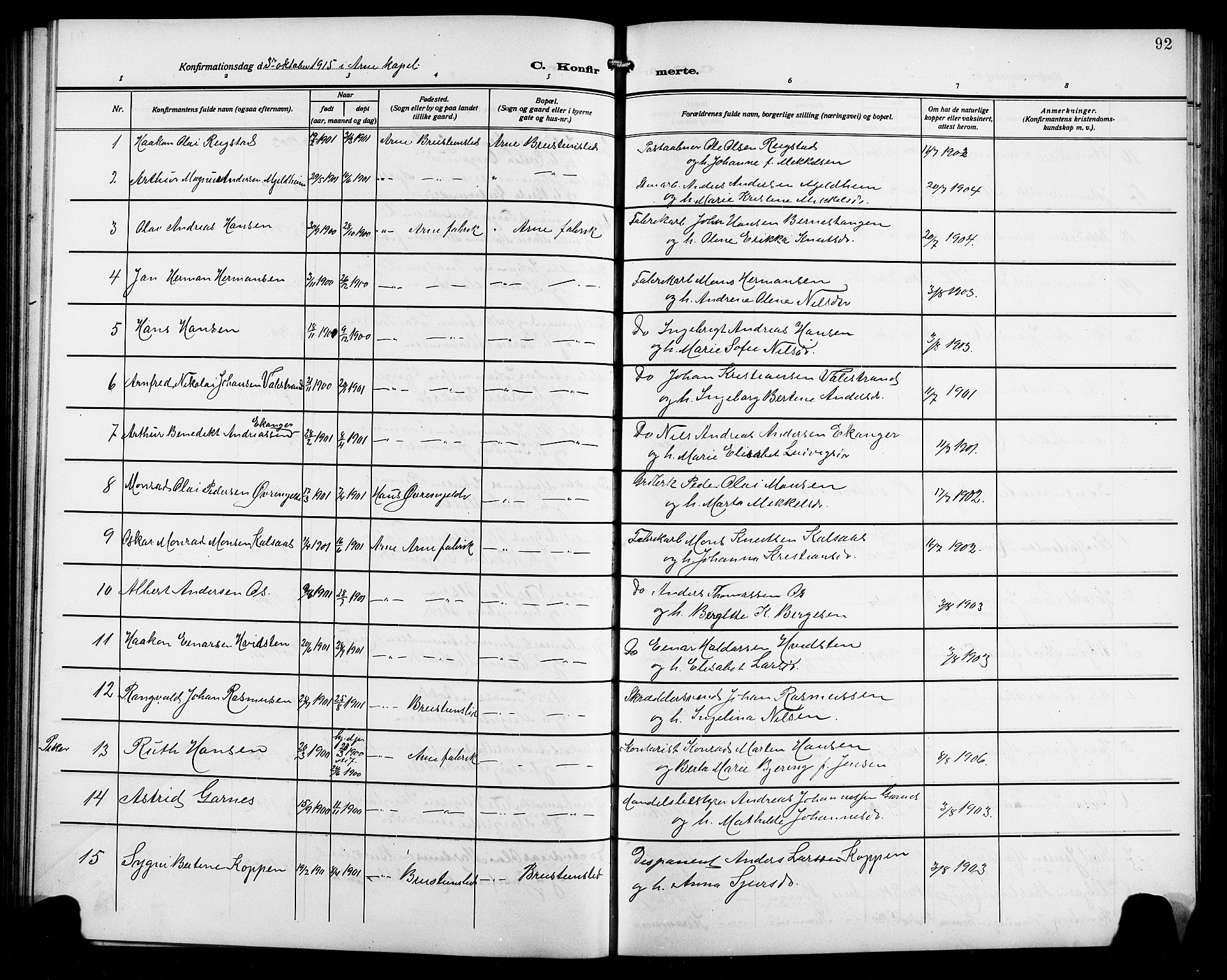 Arna Sokneprestembete, SAB/A-74001/H/Ha/Hab: Parish register (copy) no. A 5, 1911-1921, p. 92