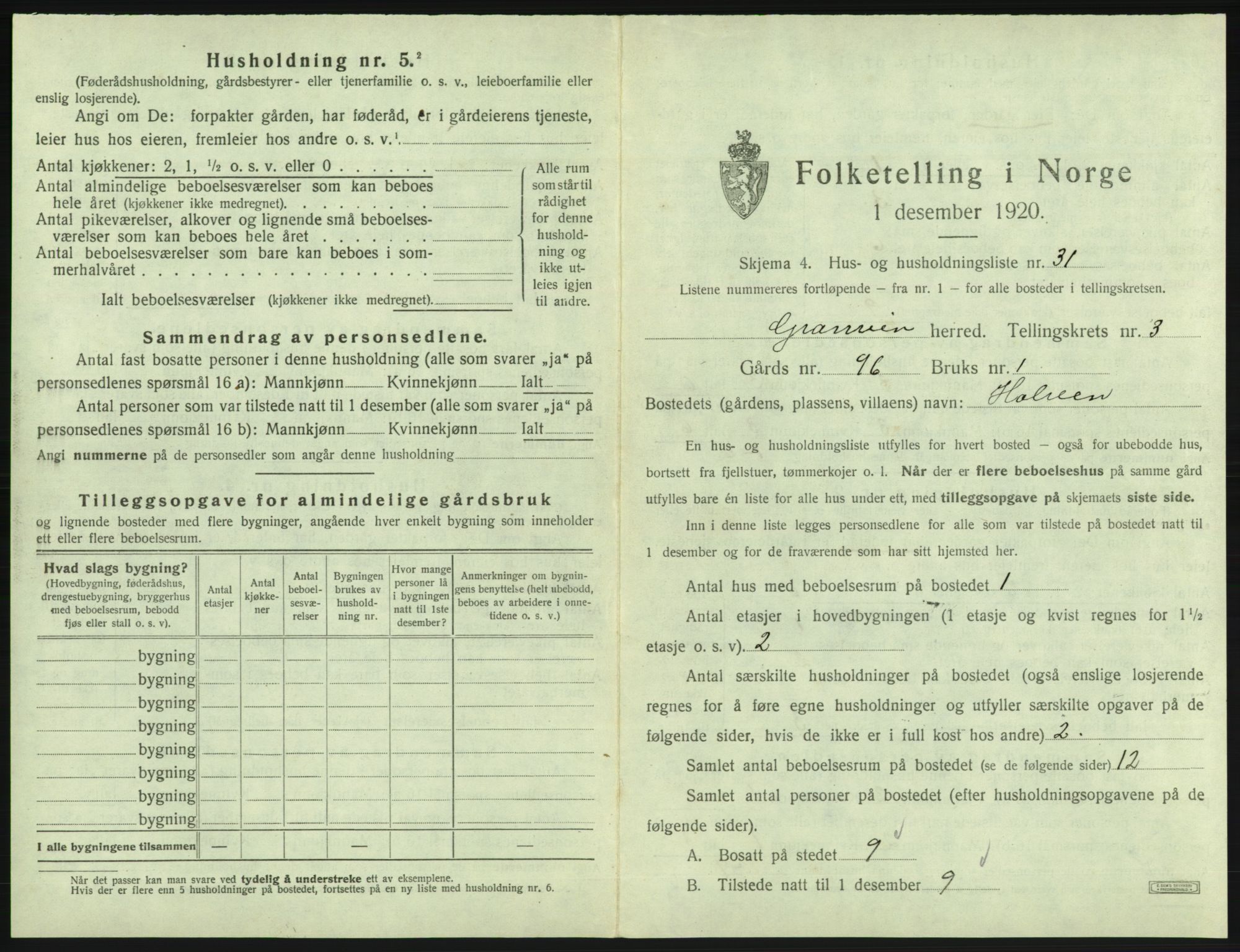 SAB, 1920 census for Granvin, 1920, p. 220