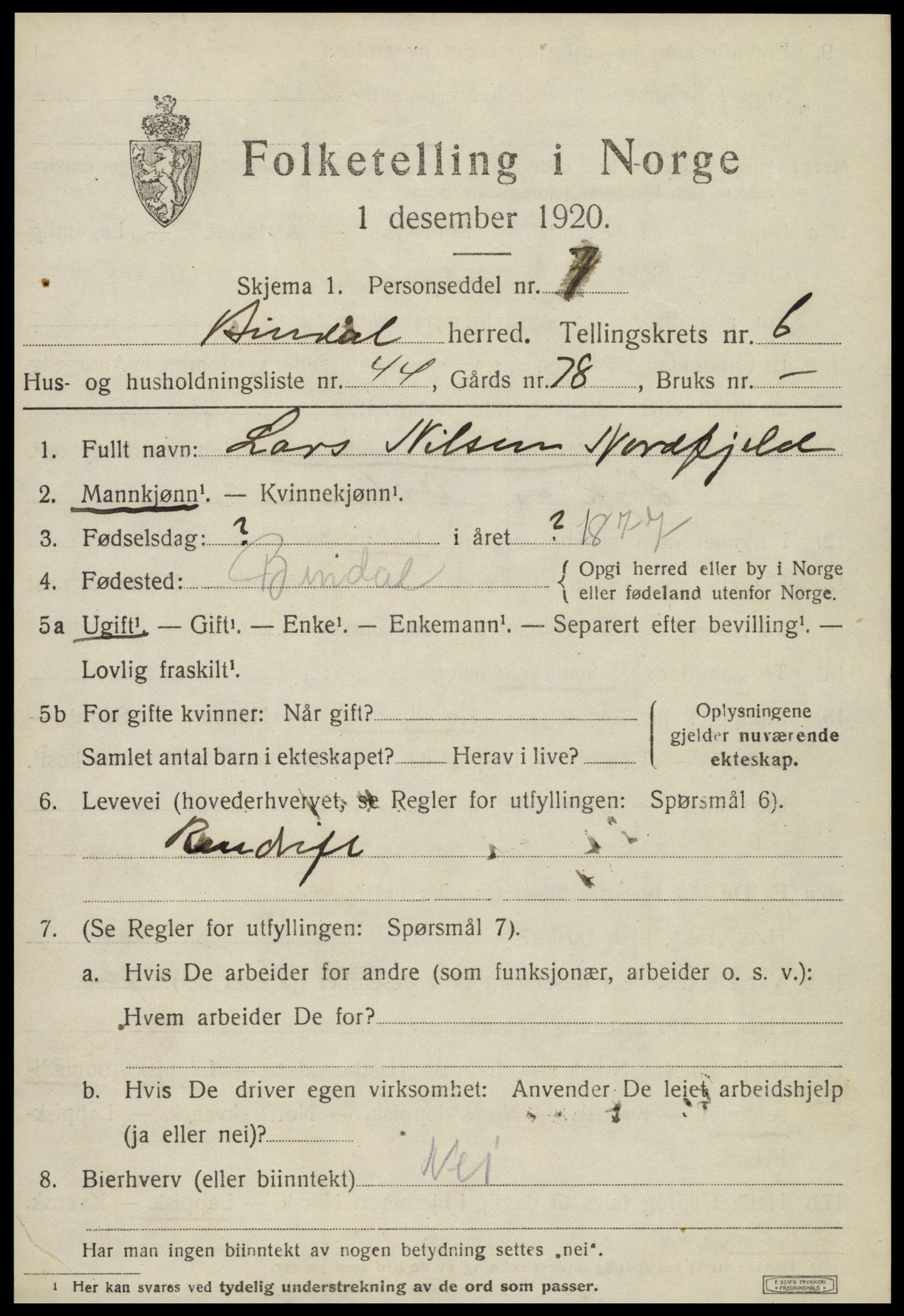 SAT, 1920 census for Bindal, 1920, p. 5421