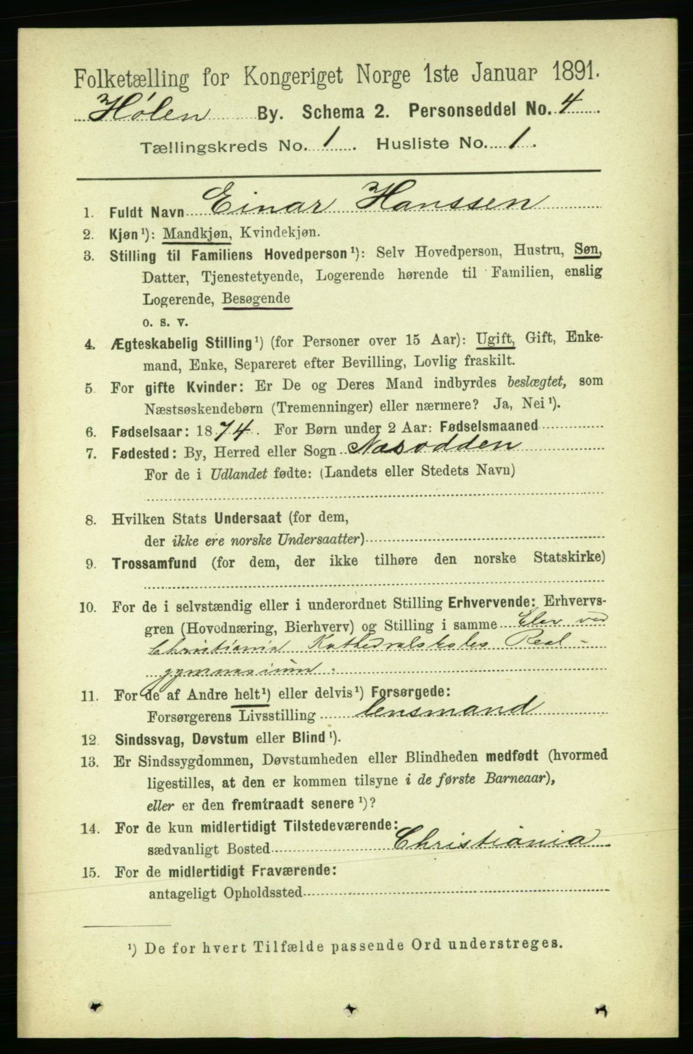 RA, 1891 census for 0204 Hølen, 1891, p. 12