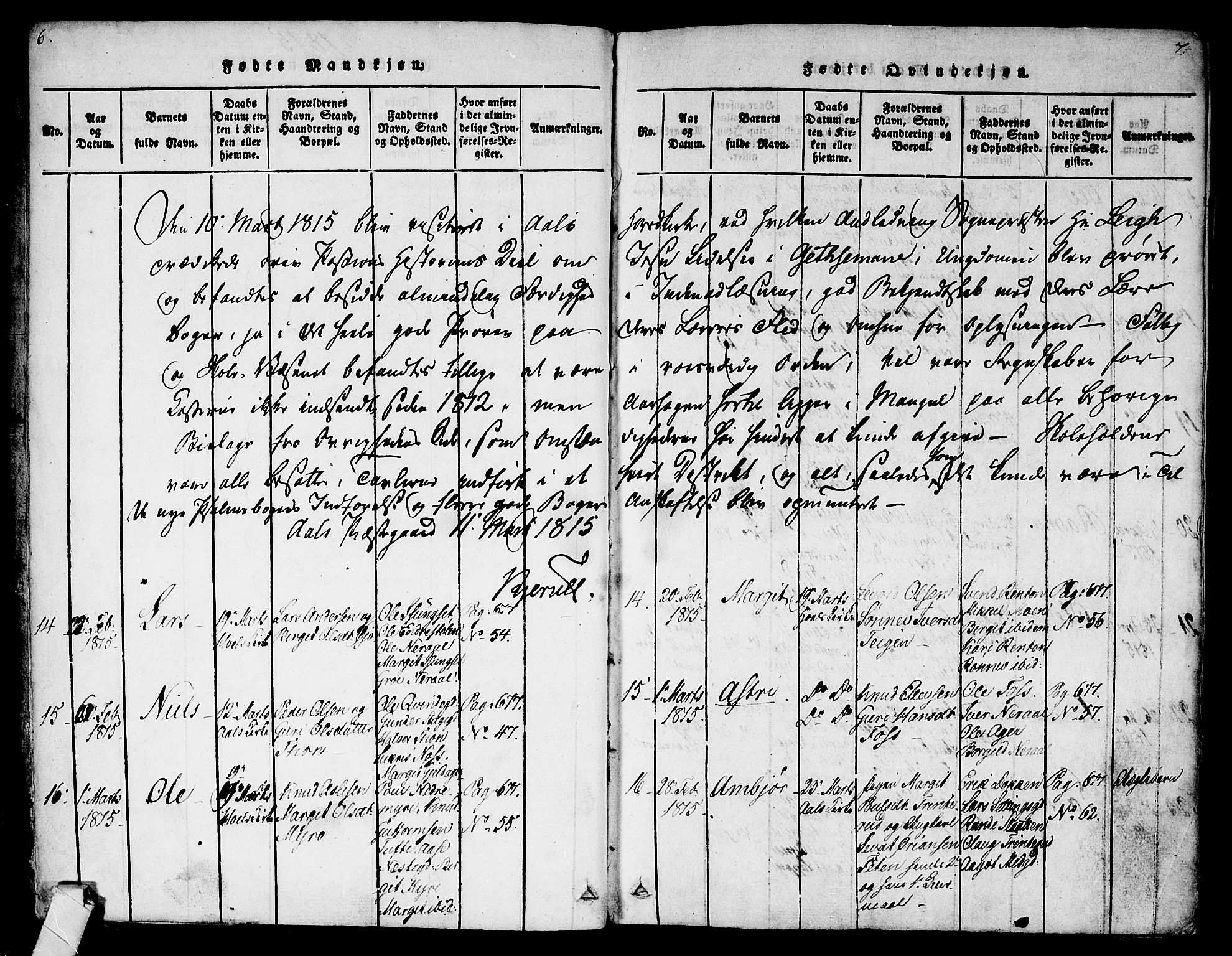 Ål kirkebøker, AV/SAKO-A-249/F/Fa/L0004: Parish register (official) no. I 4, 1815-1825, p. 6-7