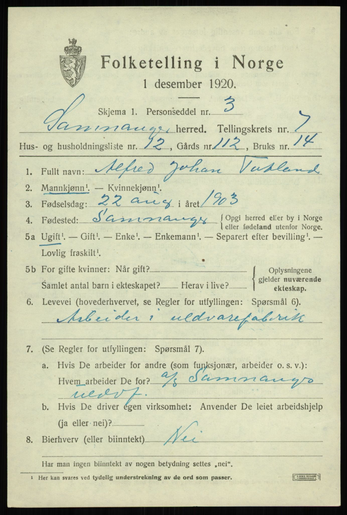 SAB, 1920 census for Samnanger, 1920, p. 3139