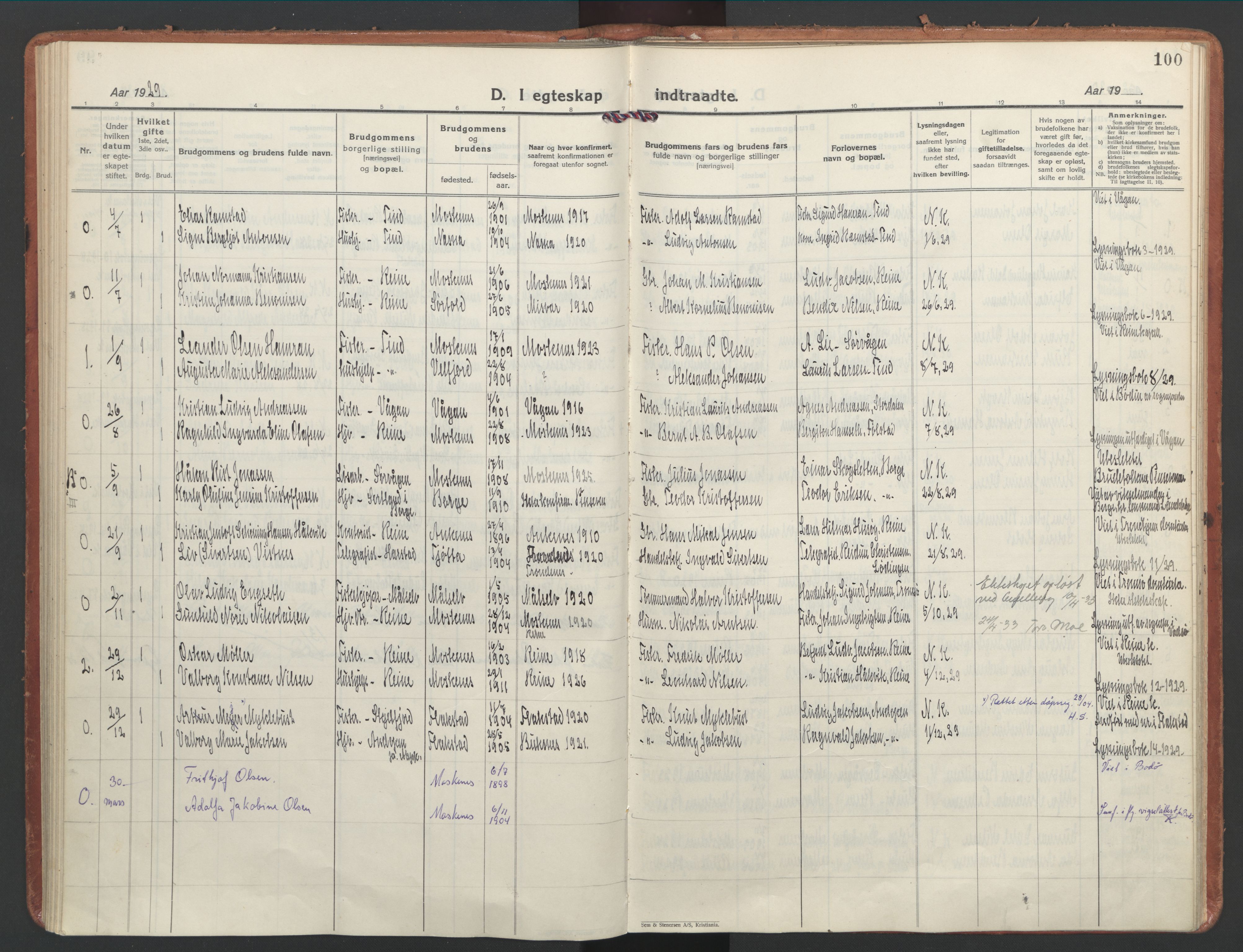 Ministerialprotokoller, klokkerbøker og fødselsregistre - Nordland, SAT/A-1459/886/L1223: Parish register (official) no. 886A05, 1926-1938, p. 100