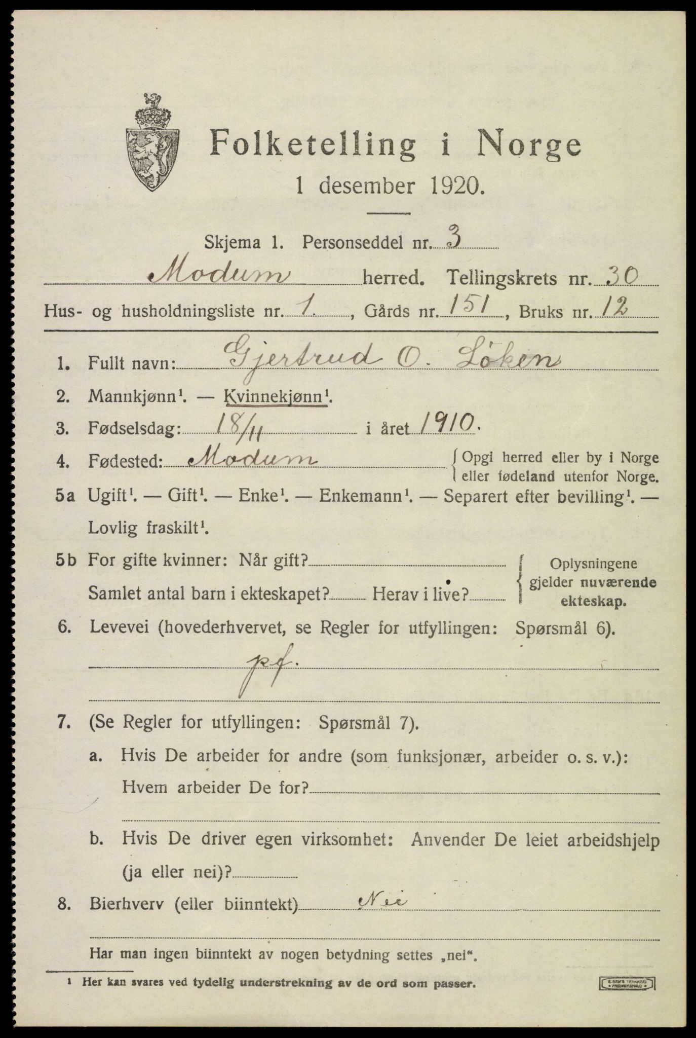 SAKO, 1920 census for Modum, 1920, p. 27643