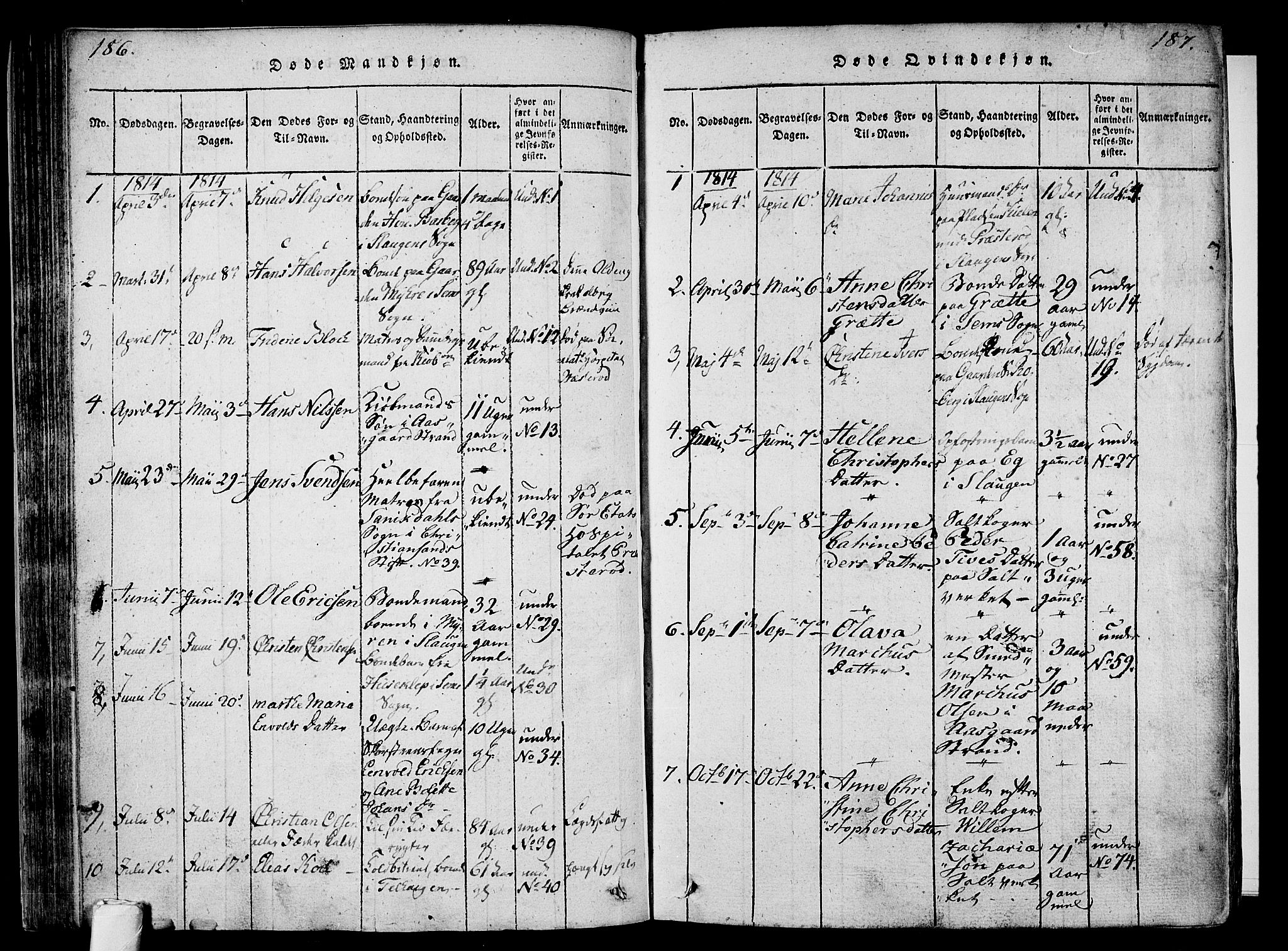 Sem kirkebøker, SAKO/A-5/F/Fa/L0004: Parish register (official) no. I 4, 1814-1825, p. 186-187