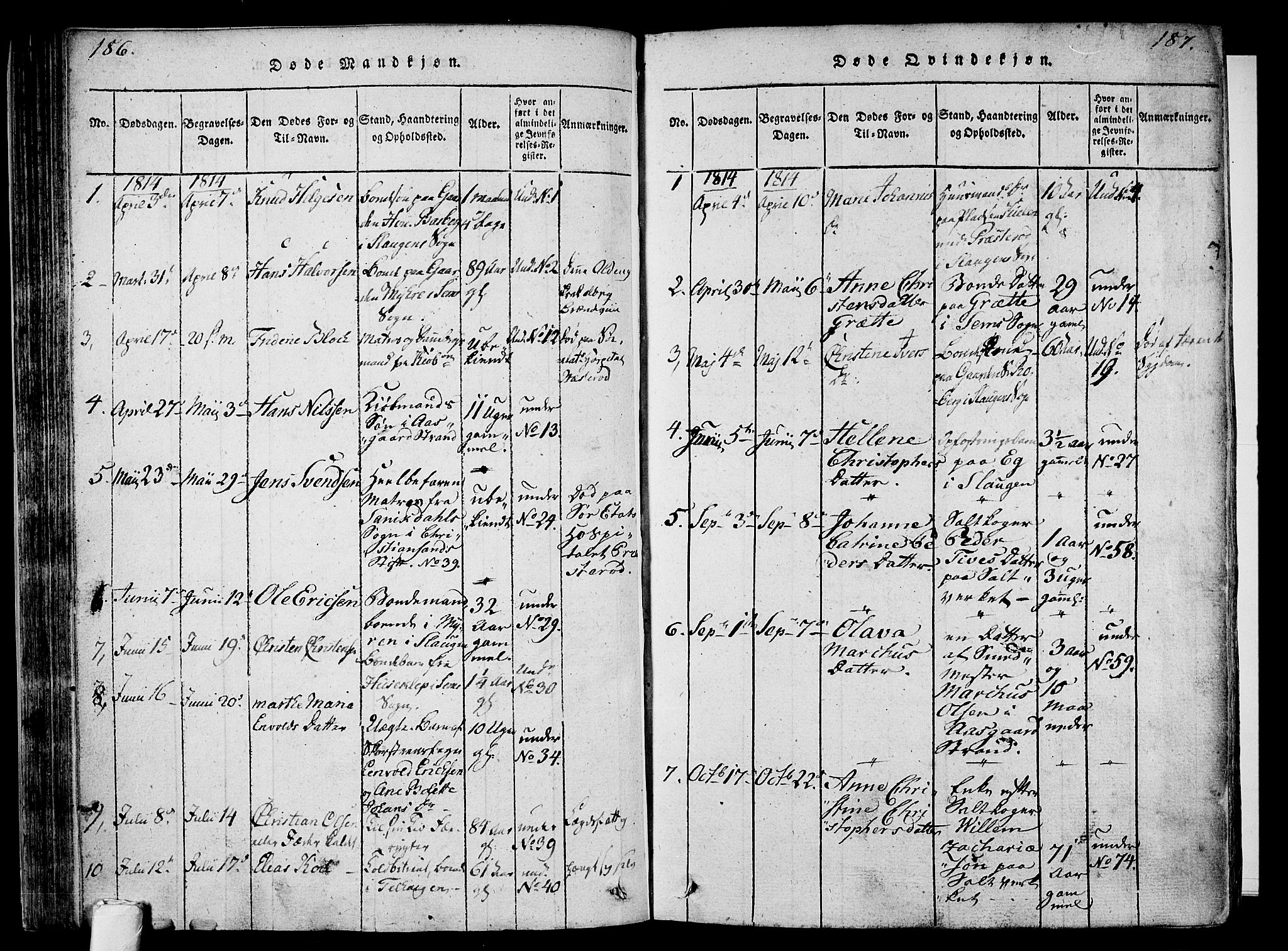 Sem kirkebøker, AV/SAKO-A-5/F/Fa/L0004: Parish register (official) no. I 4, 1814-1825, p. 186-187