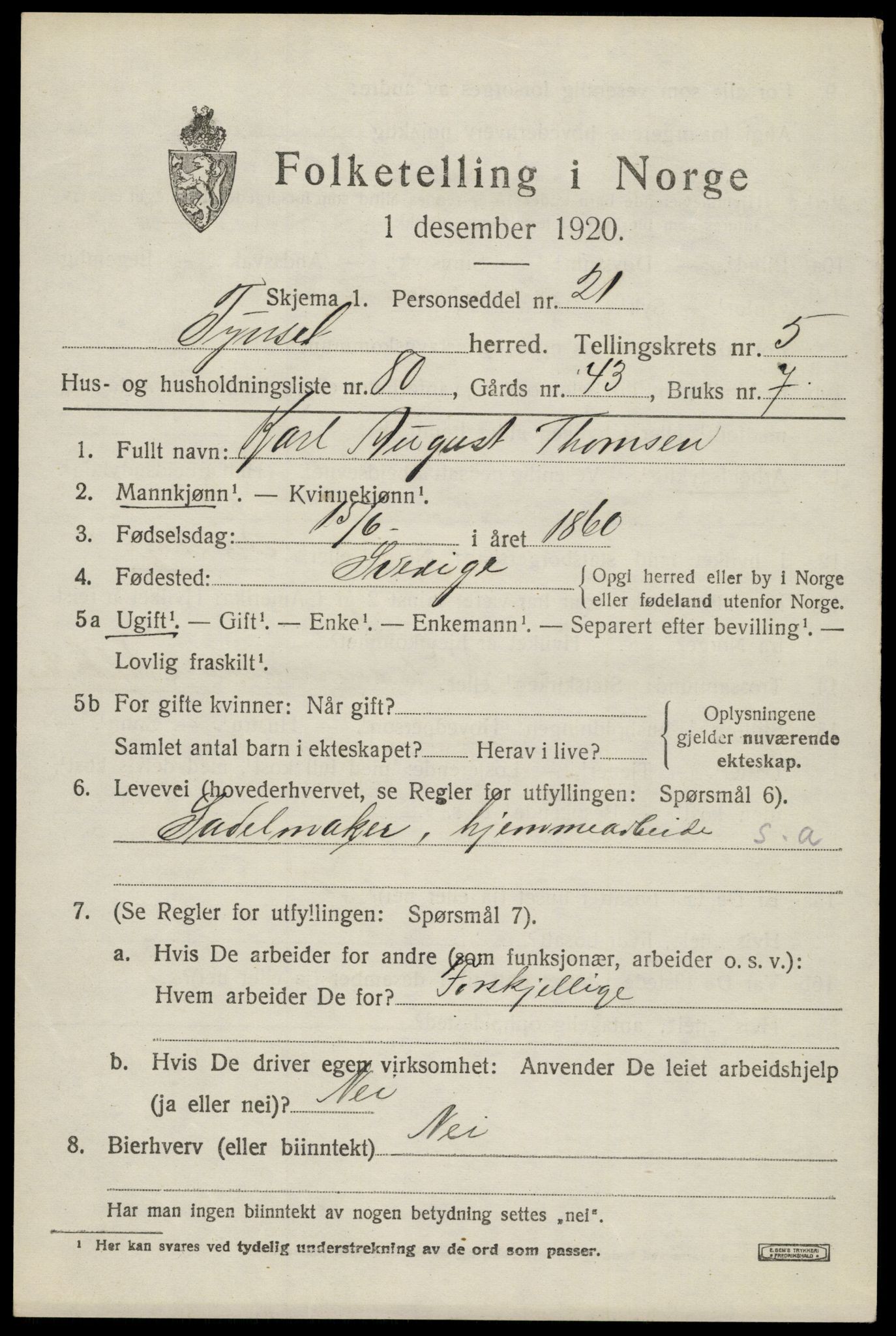 SAH, 1920 census for Tynset, 1920, p. 5464