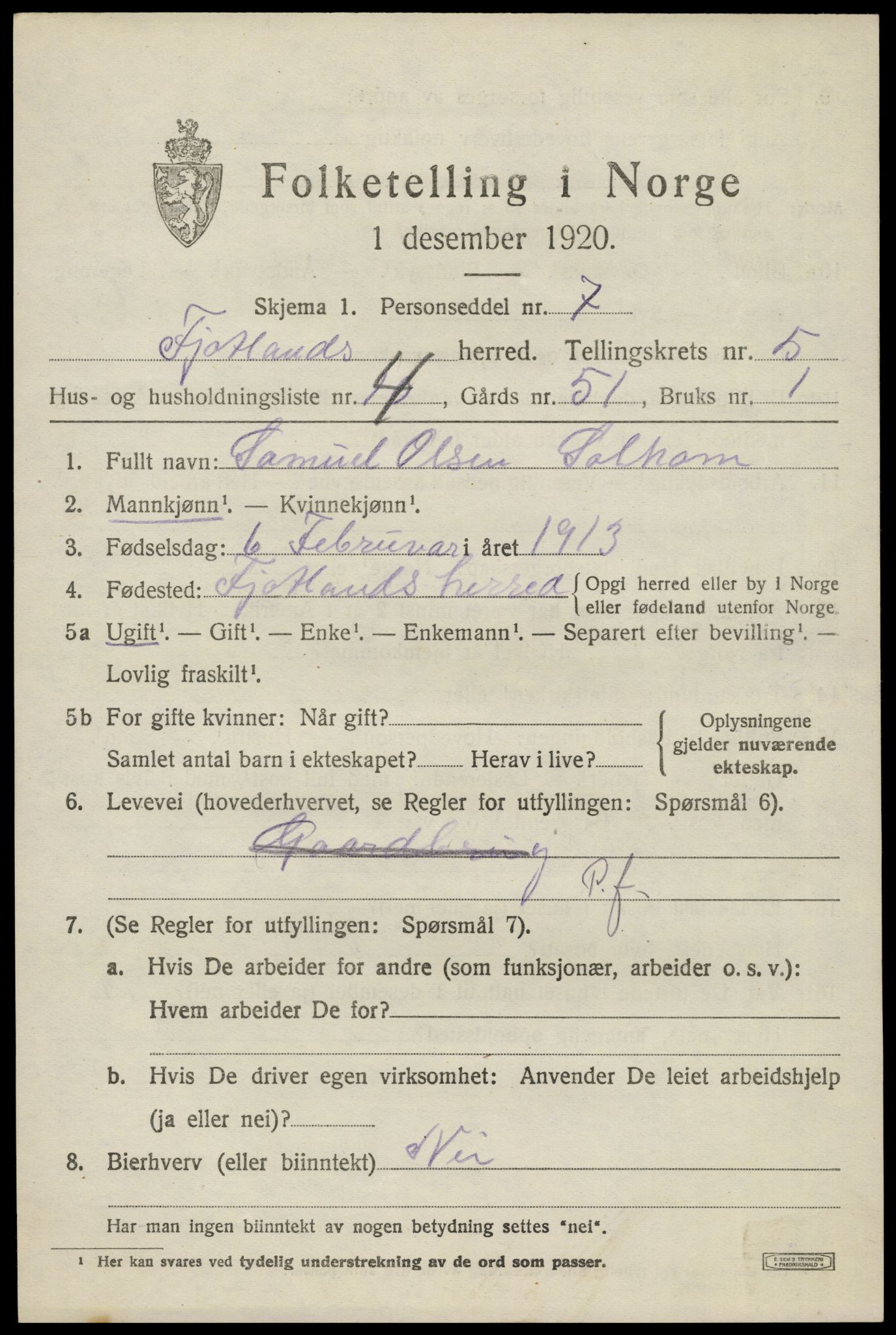 SAK, 1920 census for Fjotland, 1920, p. 1570