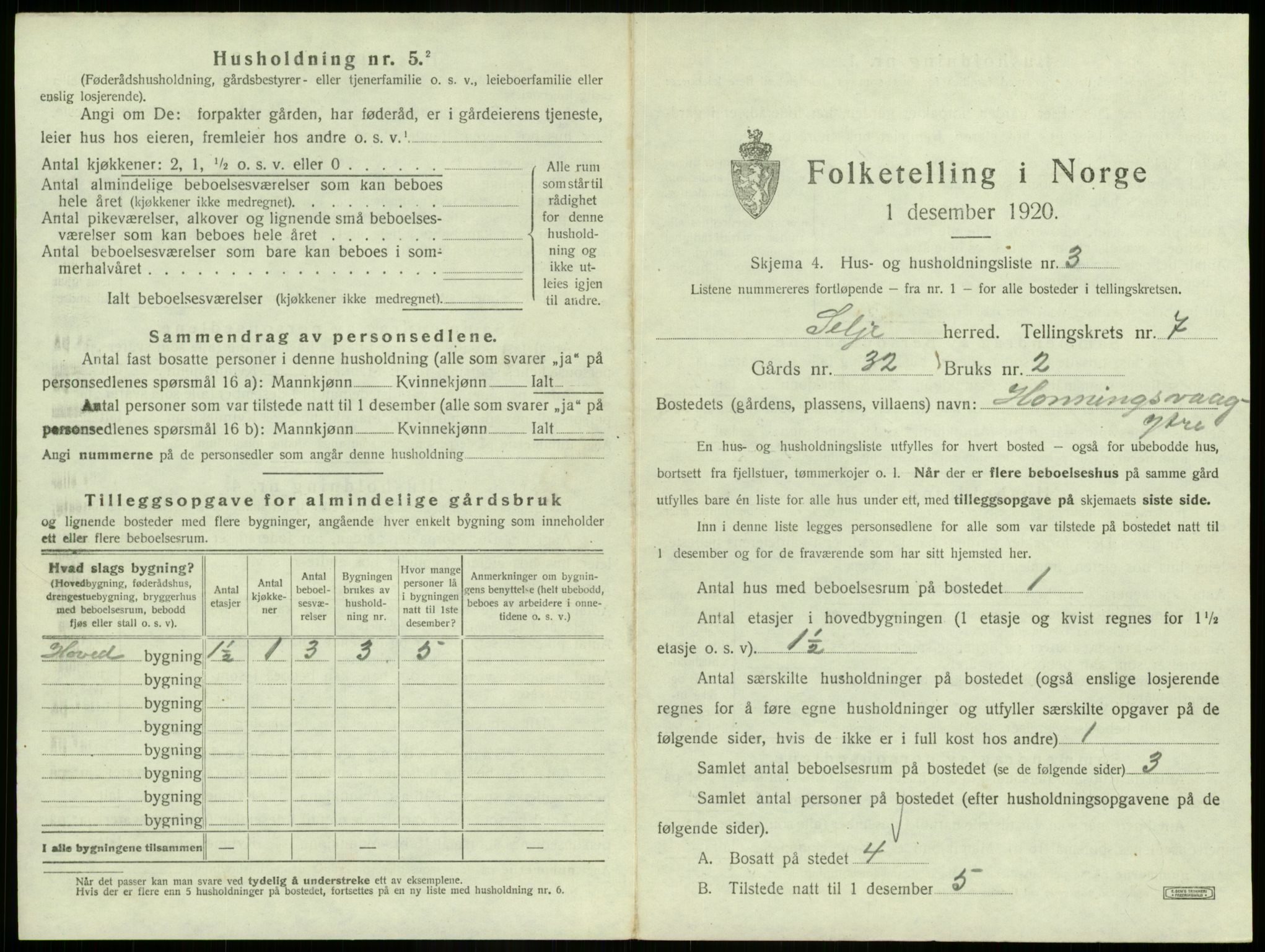 SAB, 1920 census for Selje, 1920, p. 453