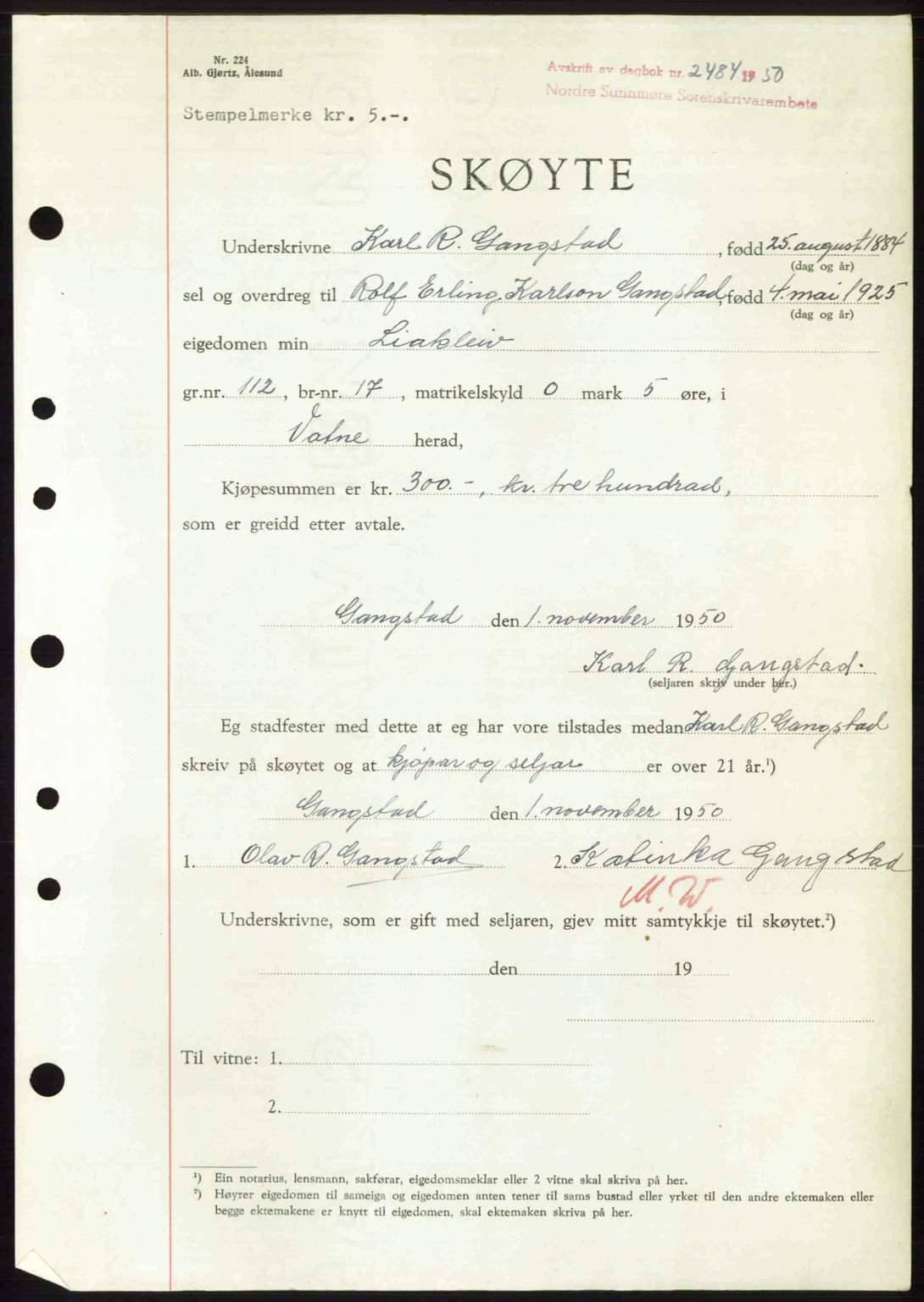 Nordre Sunnmøre sorenskriveri, AV/SAT-A-0006/1/2/2C/2Ca: Mortgage book no. A36, 1950-1950, Diary no: : 2484/1950