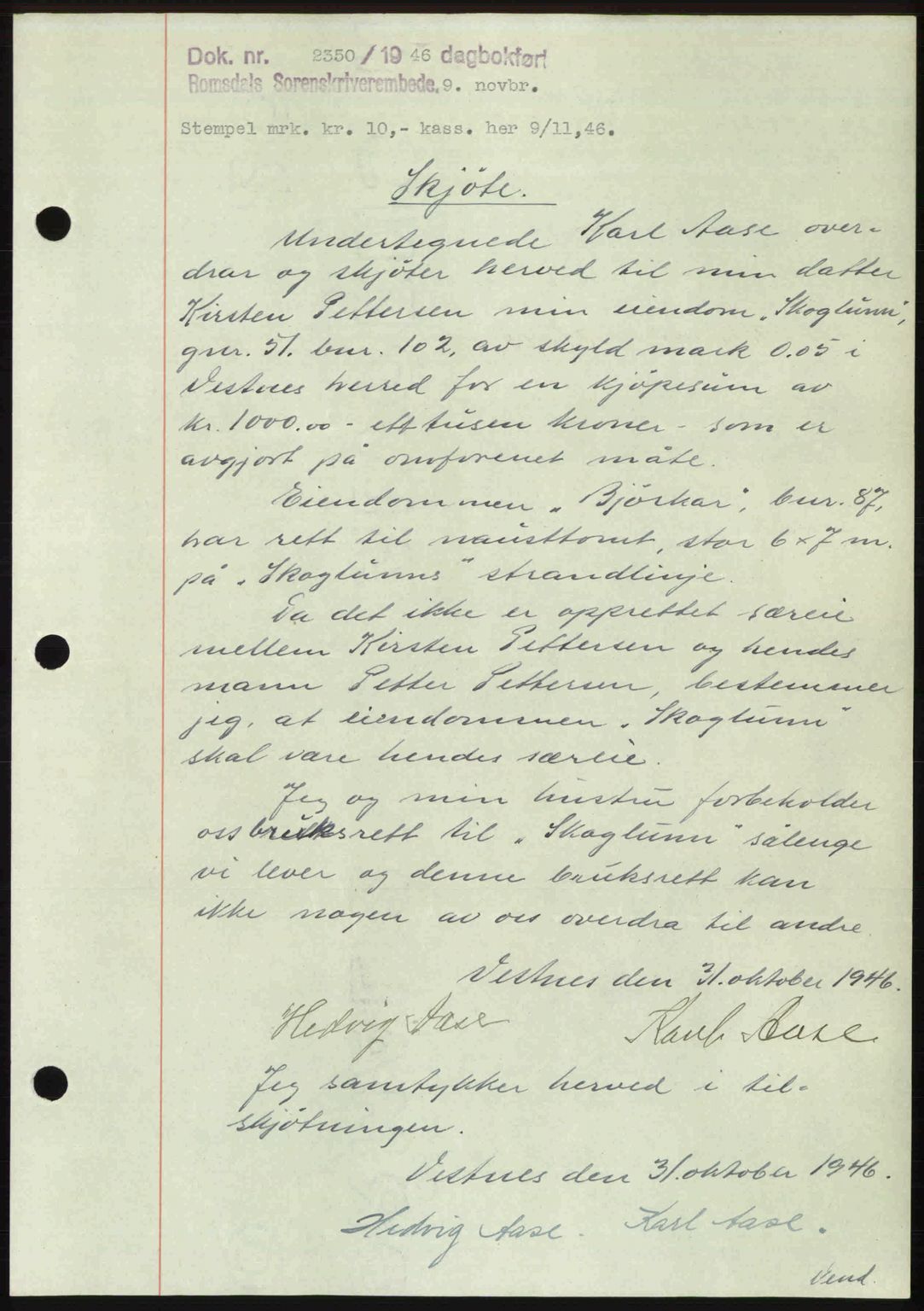 Romsdal sorenskriveri, AV/SAT-A-4149/1/2/2C: Mortgage book no. A21, 1946-1946, Diary no: : 2350/1946