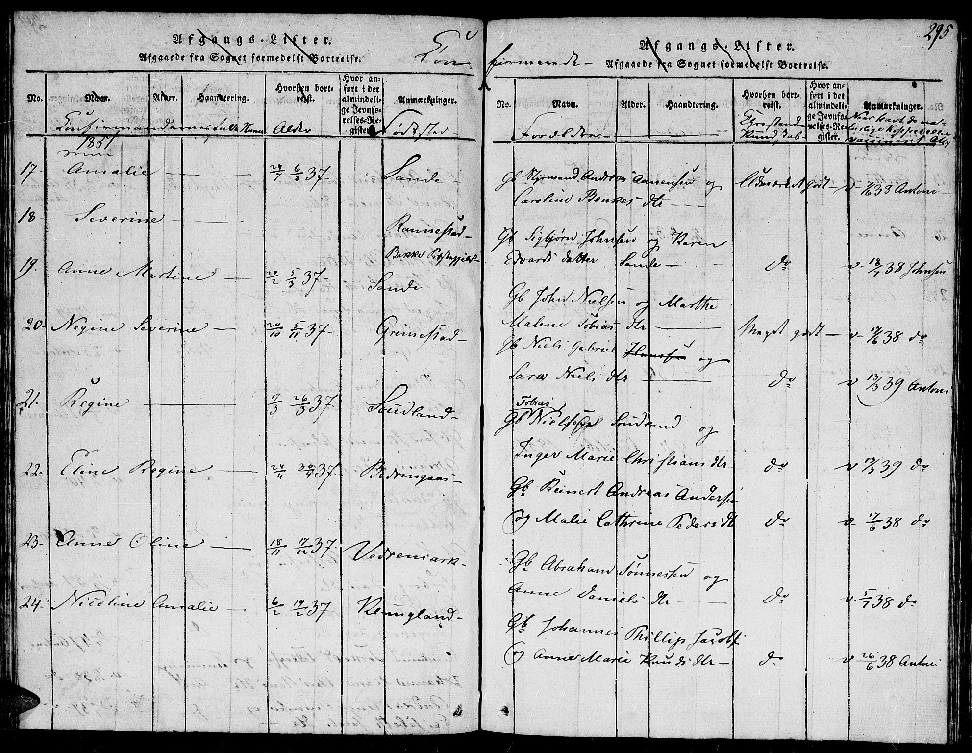 Herad sokneprestkontor, AV/SAK-1111-0018/F/Fb/Fba/L0001: Parish register (copy) no. B 1, 1815-1852, p. 295